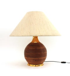 Large Italian Rattan and Brass Ball Table Lamp, 1970s