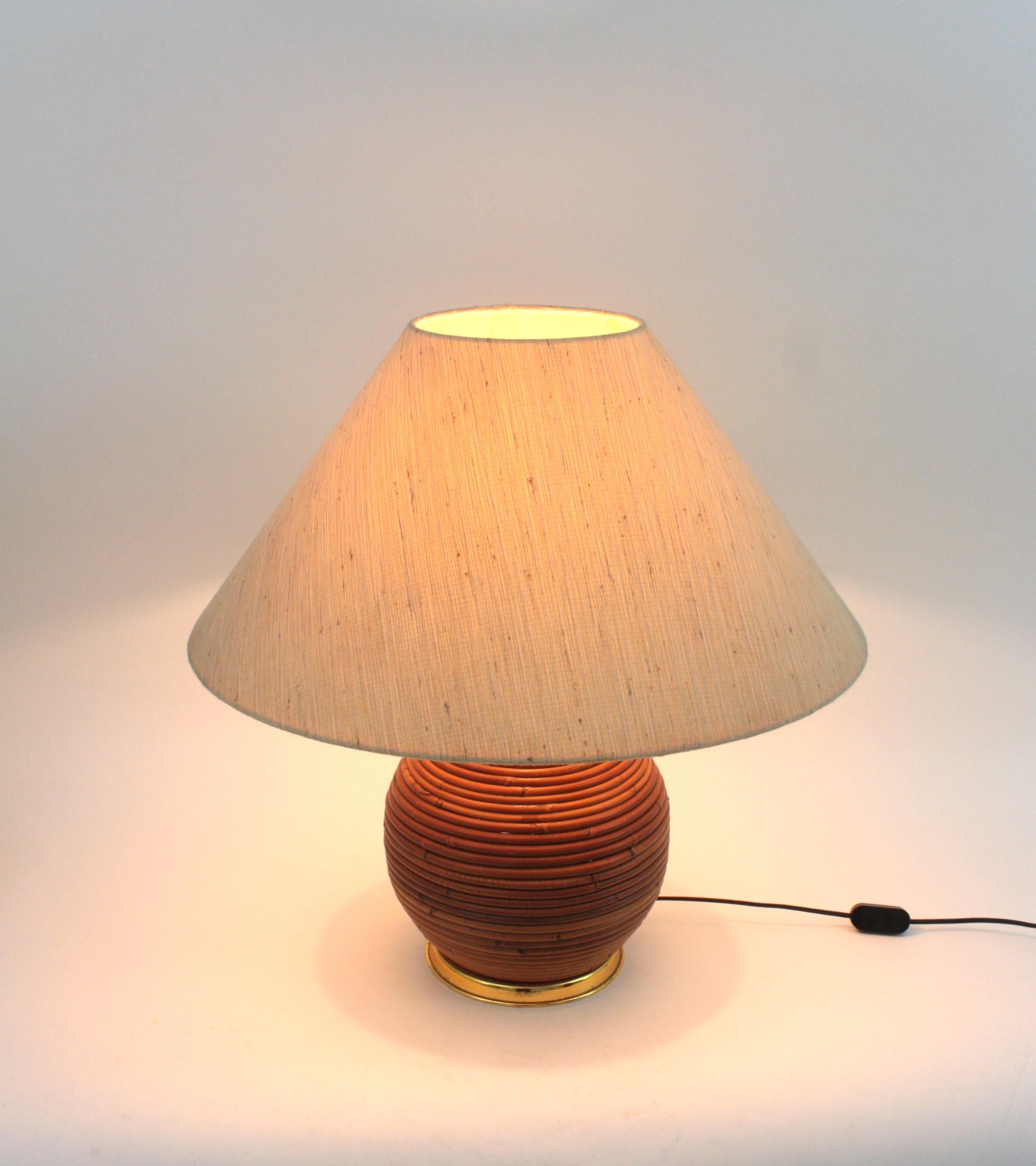20th Century Large Italian Rattan and Brass Ball Table Lamp, 1970s For Sale