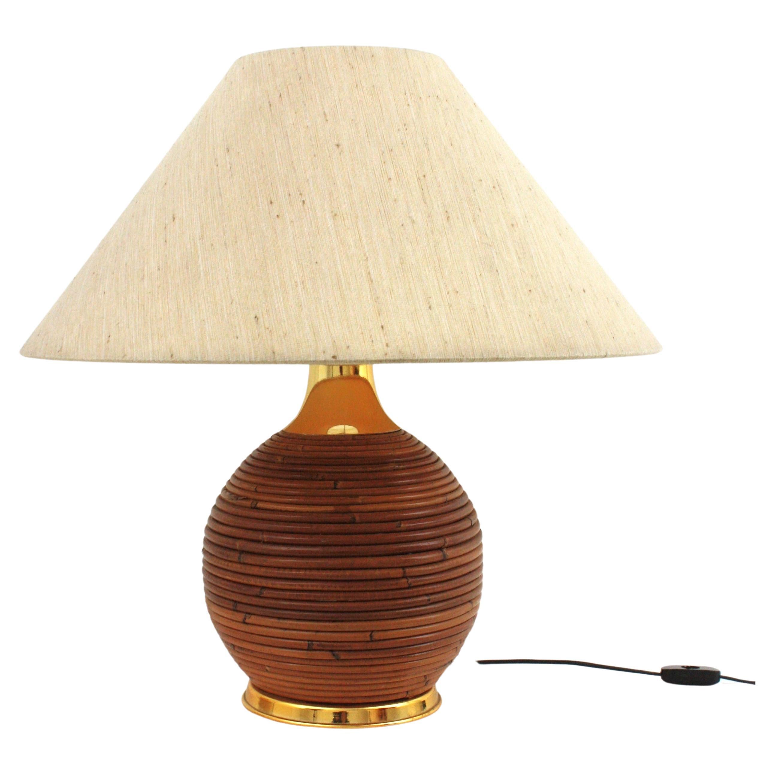 Large Italian Rattan and Brass Ball Table Lamp, 1970s For Sale