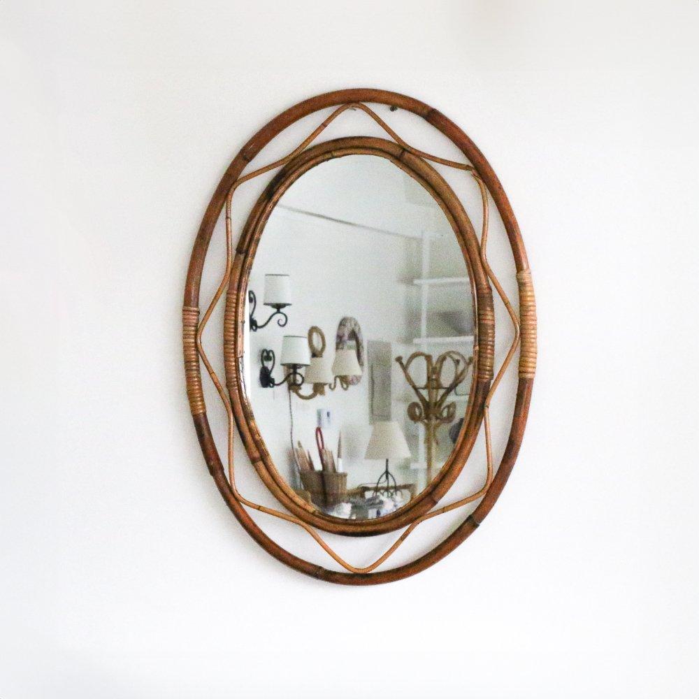 20th Century Large Italian Rattan Oval Mirror For Sale
