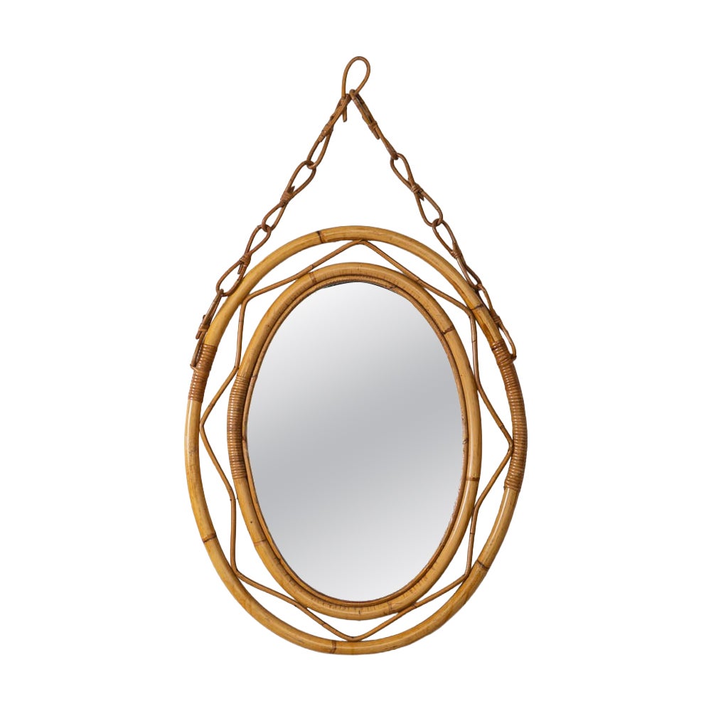 Large Italian Rattan Oval Mirror