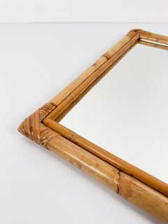 Large Italian Rectangular Bamboo & Rattan Mirror, Riviera Style, 1970s