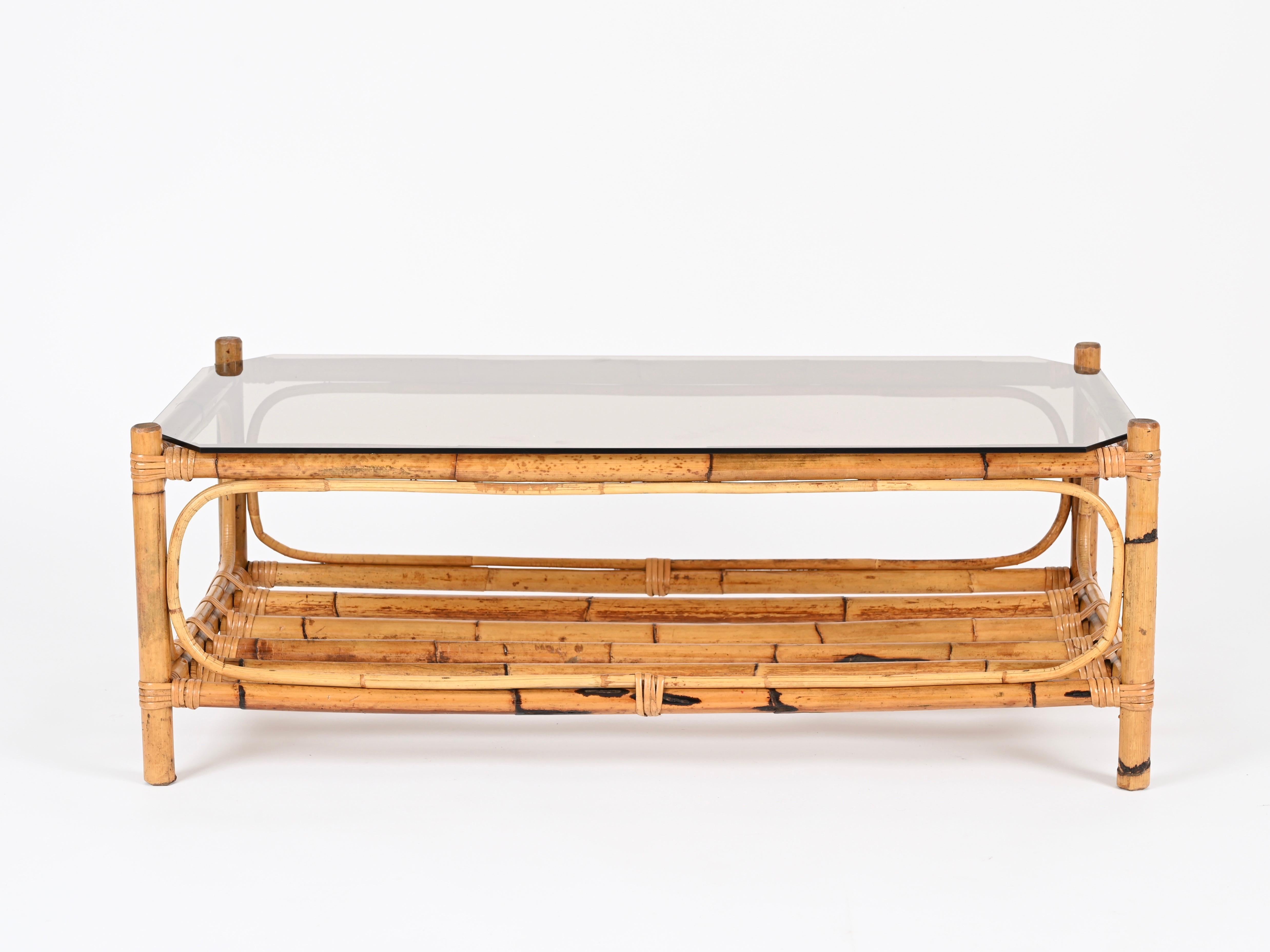 Large Italian Rectangular Coffee Table in Bamboo, Wicker and Smoked Glass, 1970s For Sale 5