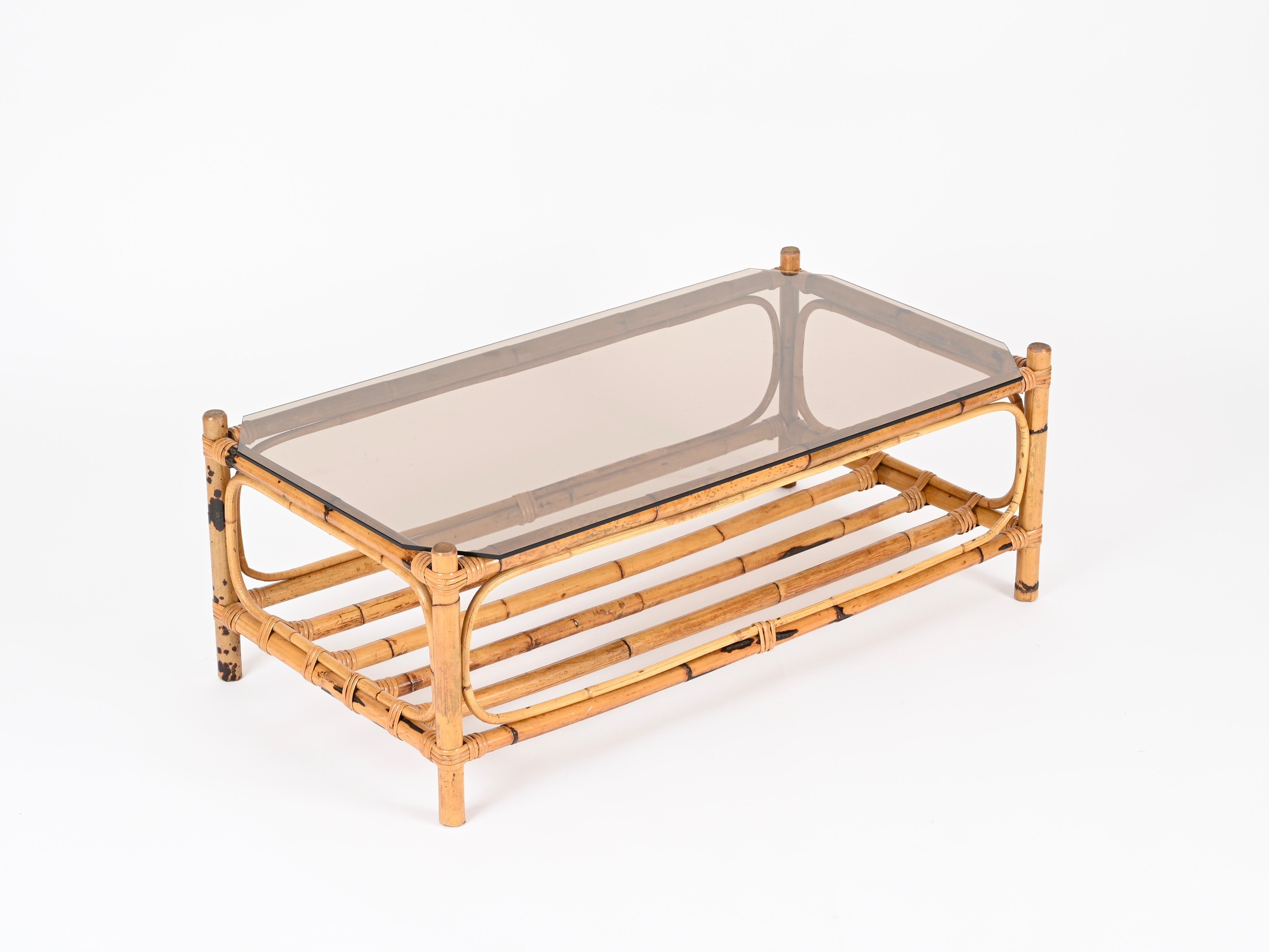 Large Italian Rectangular Coffee Table in Bamboo, Wicker and Smoked Glass, 1970s For Sale 7