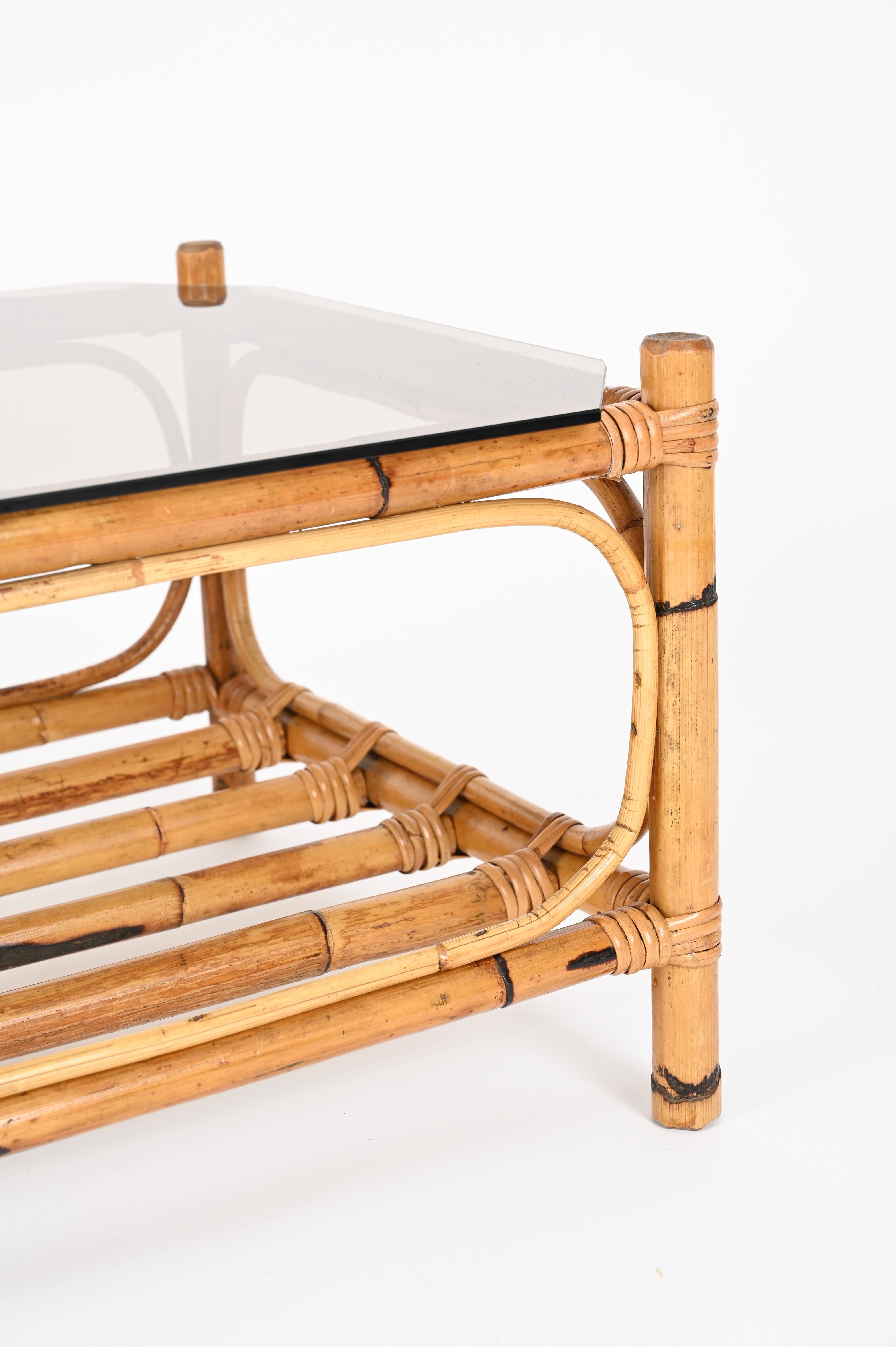 Large Italian Rectangular Coffee Table in Bamboo, Wicker and Smoked Glass, 1970s For Sale 8