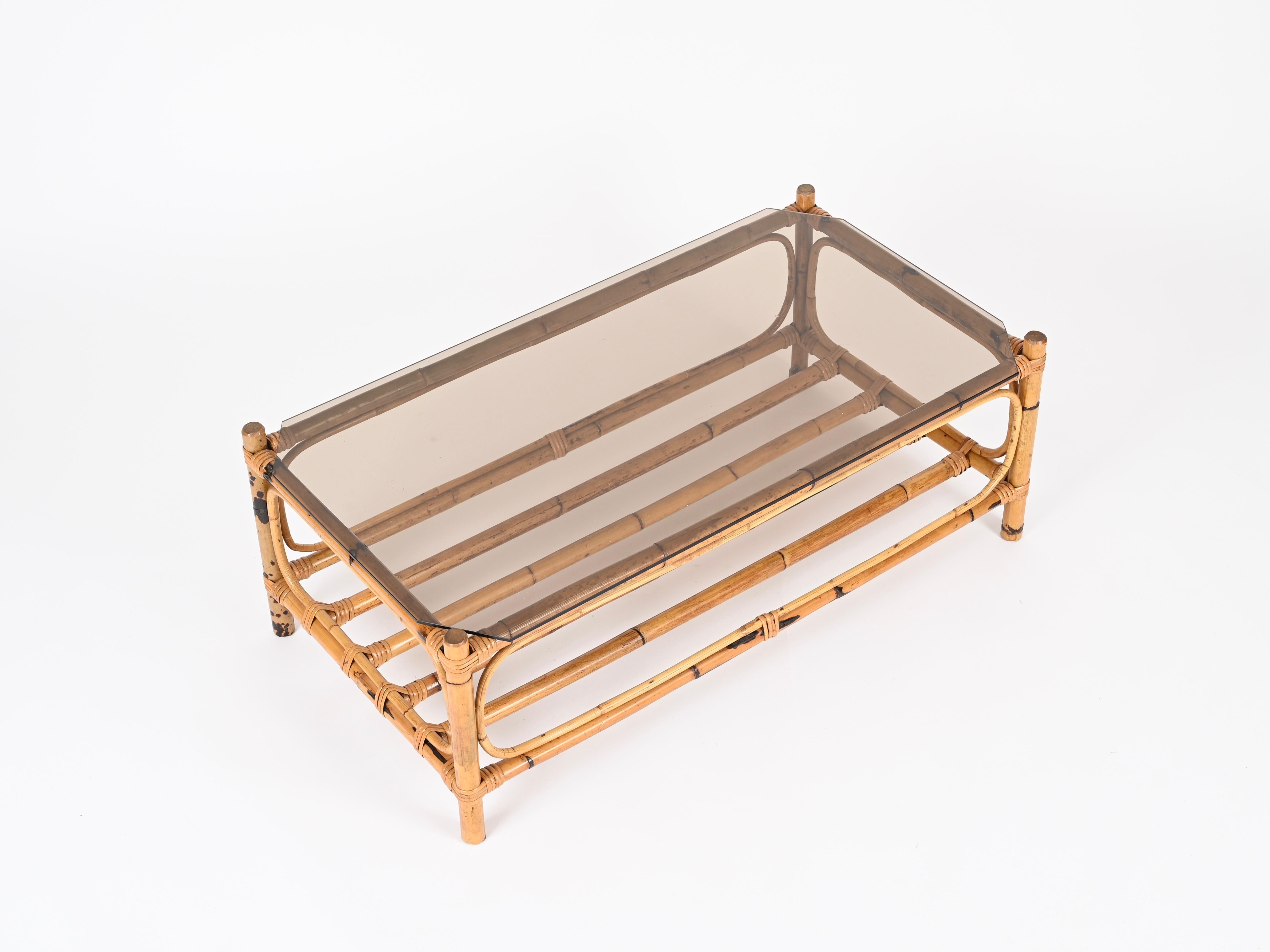 Large Italian Rectangular Coffee Table in Bamboo, Wicker and Smoked Glass, 1970s For Sale 9