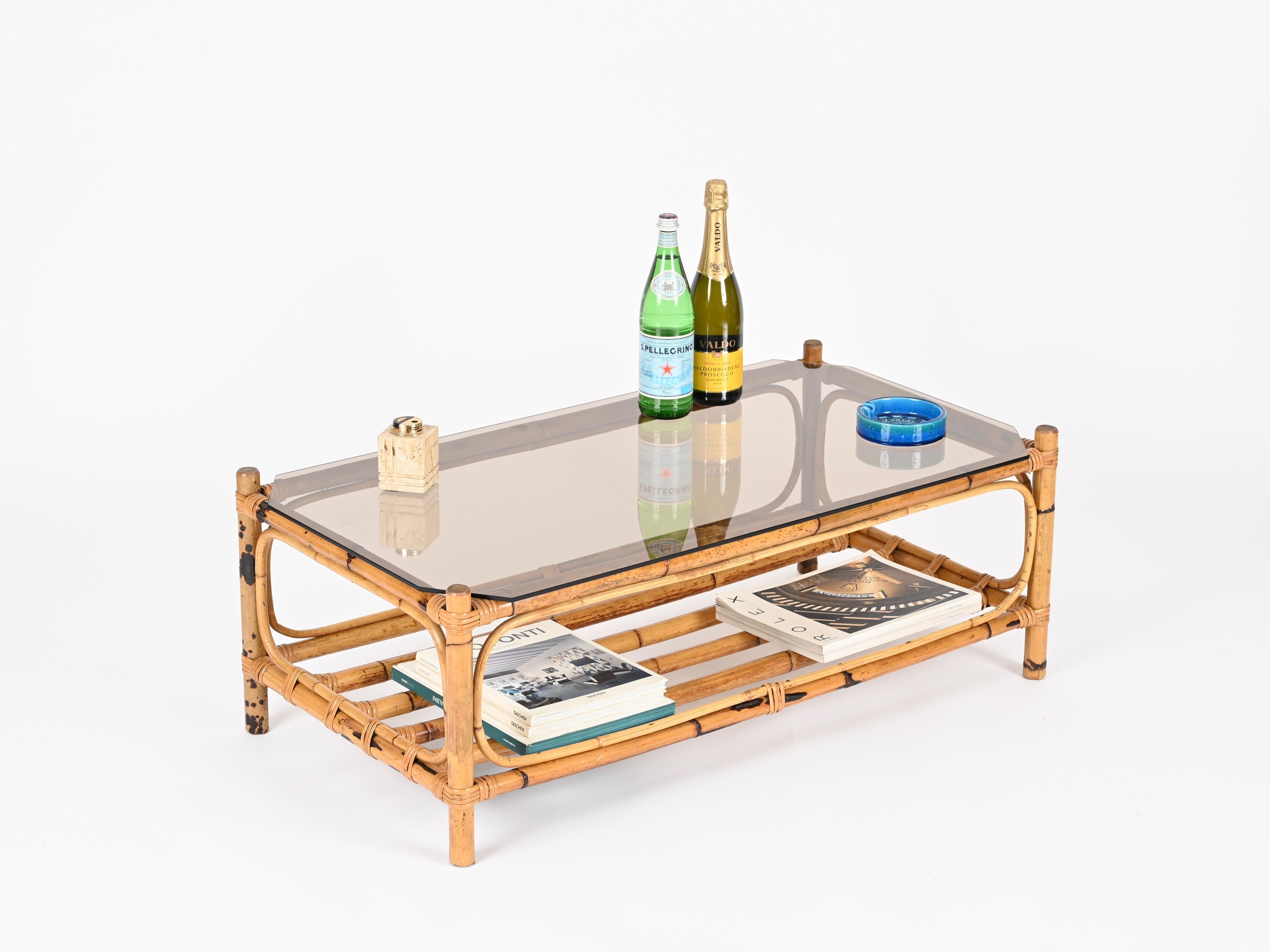 Large Italian Rectangular Coffee Table in Bamboo, Wicker and Smoked Glass, 1970s For Sale 10