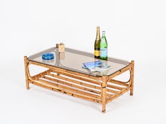 Large Italian Rectangular Coffee Table in Bamboo, Wicker and Smoked Glass, 1970s