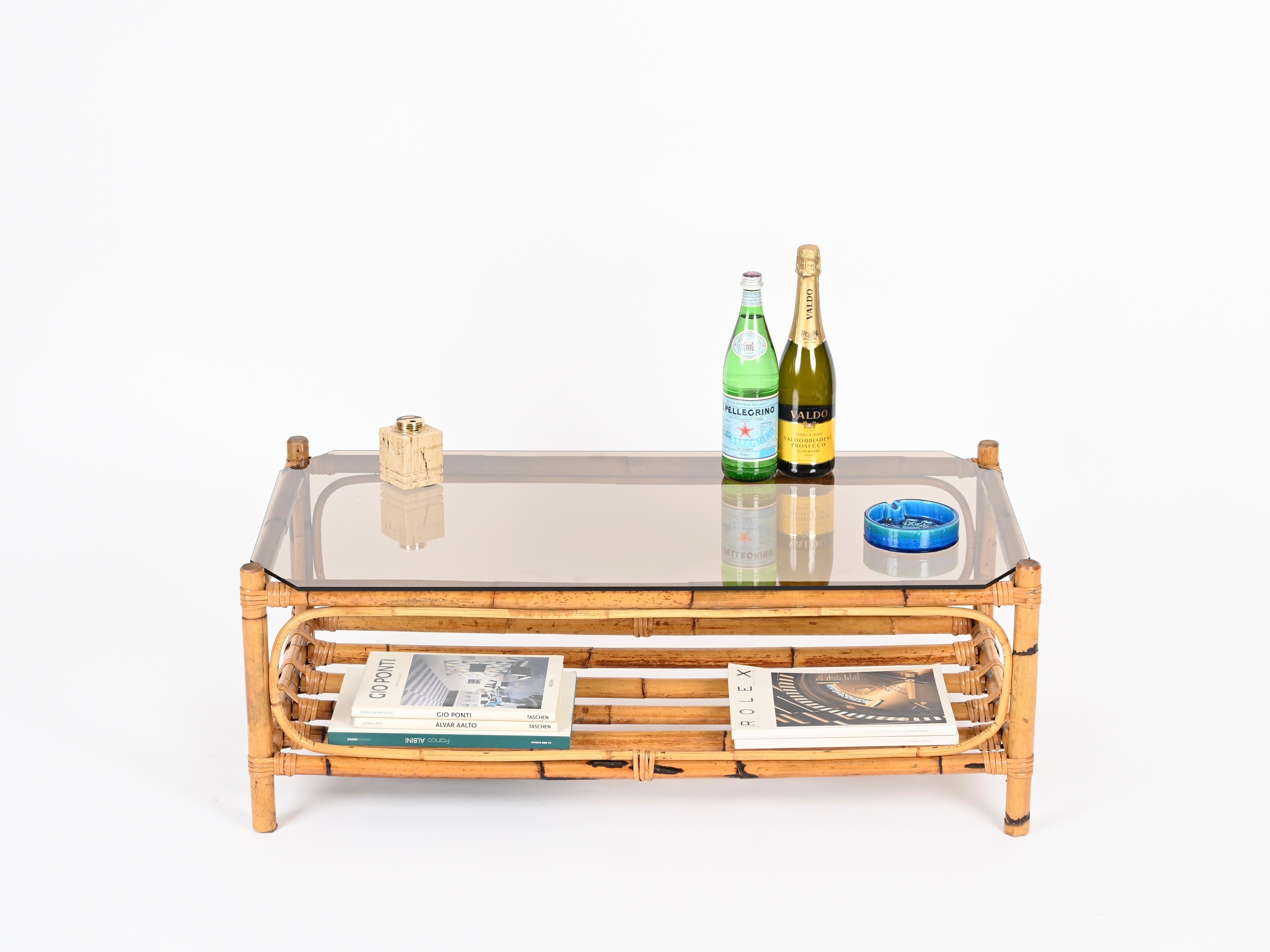 Mid-Century Modern Large Italian Rectangular Coffee Table in Bamboo, Wicker and Smoked Glass, 1970s For Sale