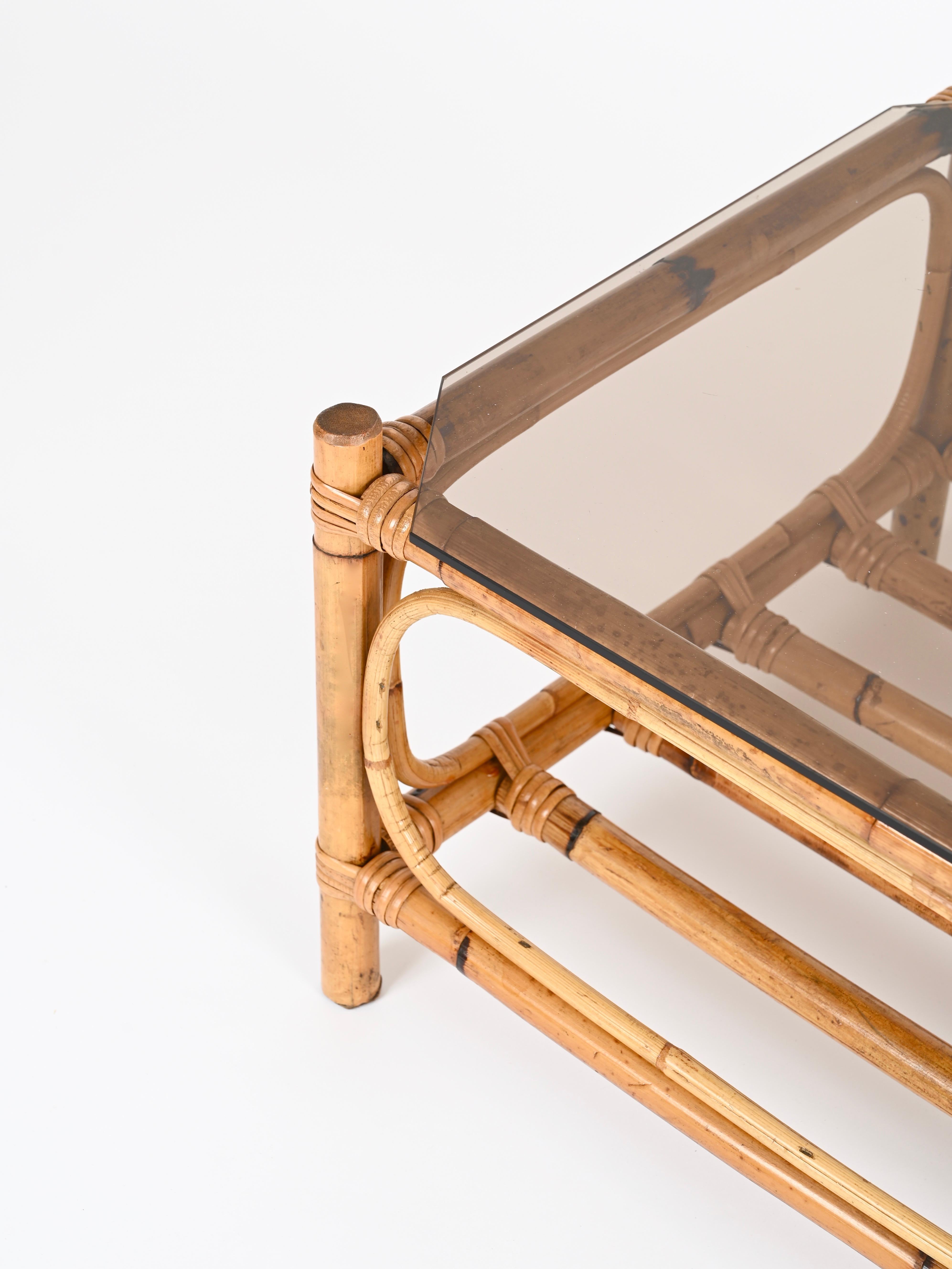 Hand-Crafted Large Italian Rectangular Coffee Table in Bamboo, Wicker and Smoked Glass, 1970s For Sale