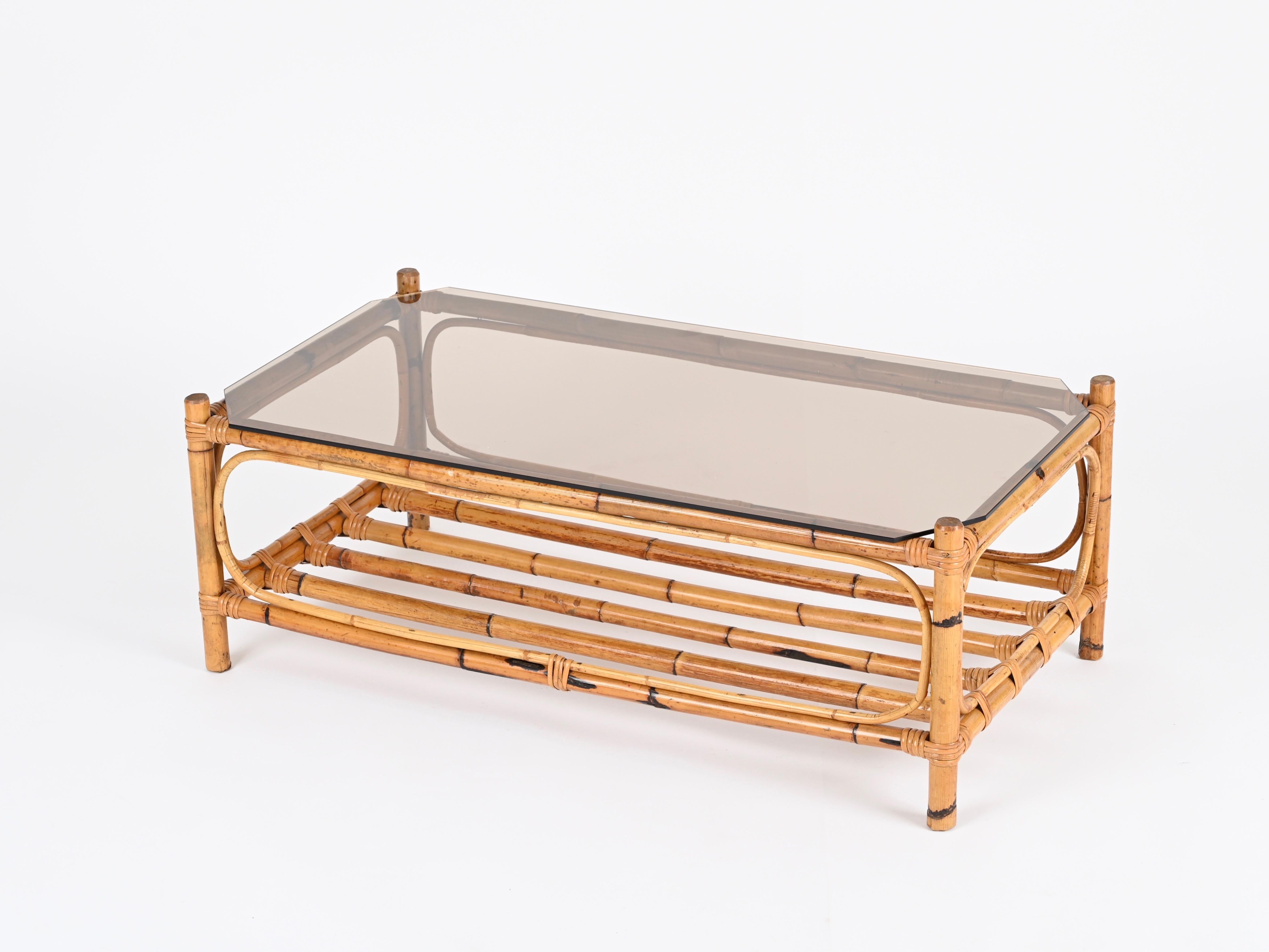 Late 20th Century Large Italian Rectangular Coffee Table in Bamboo, Wicker and Smoked Glass, 1970s For Sale