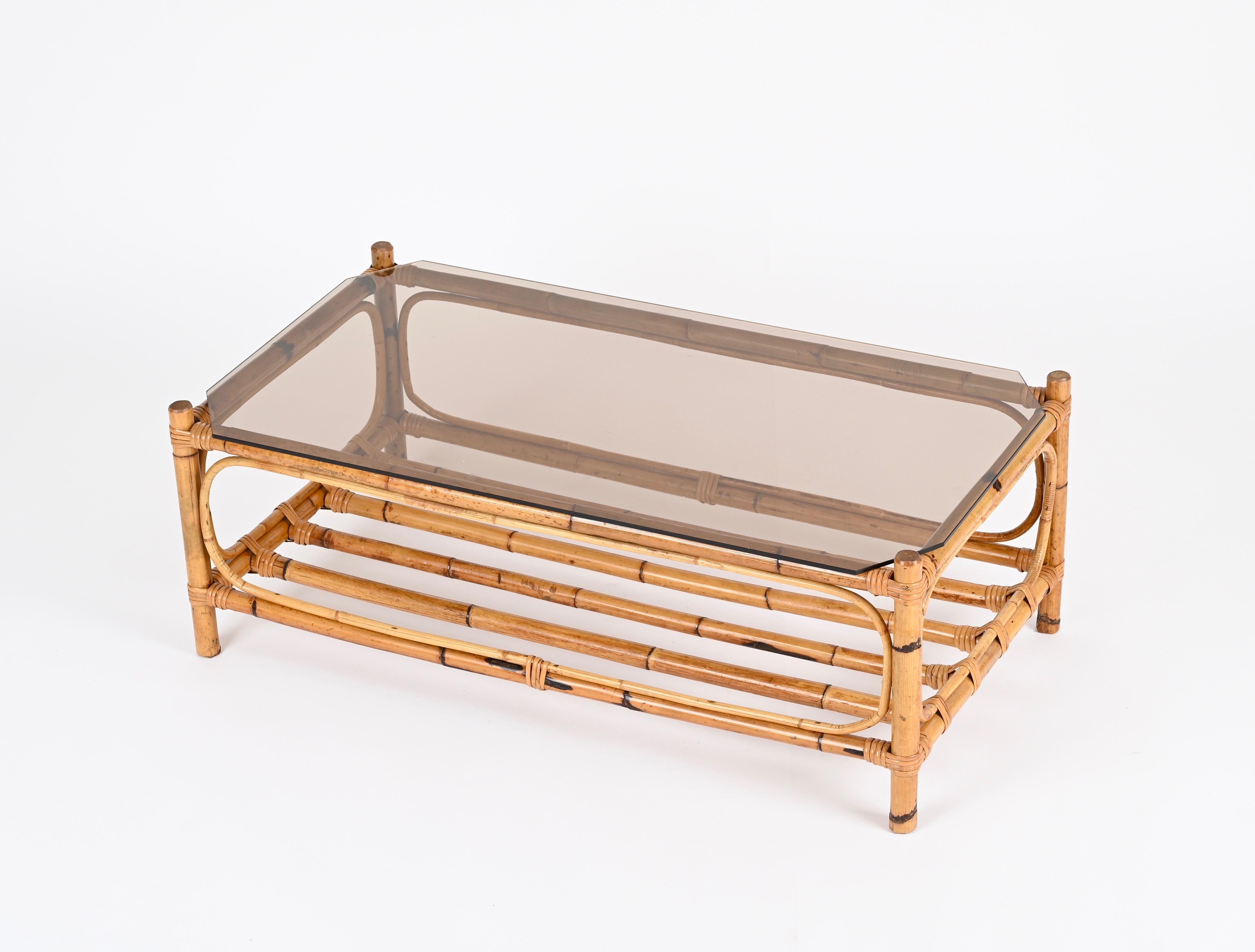Large Italian Rectangular Coffee Table in Bamboo, Wicker and Smoked Glass, 1970s For Sale 1