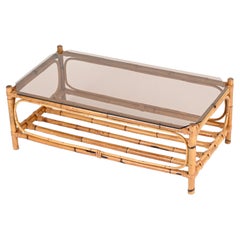 Large Italian Rectangular Coffee Table in Bamboo, Wicker and Smoked Glass, 1970s