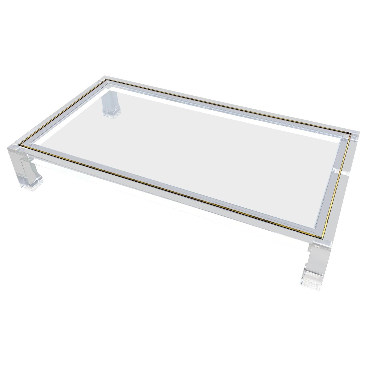 Large Italian Rectangular Lucite, Inlaid Brass Edge And Glass Cocktail Table For Sale 6