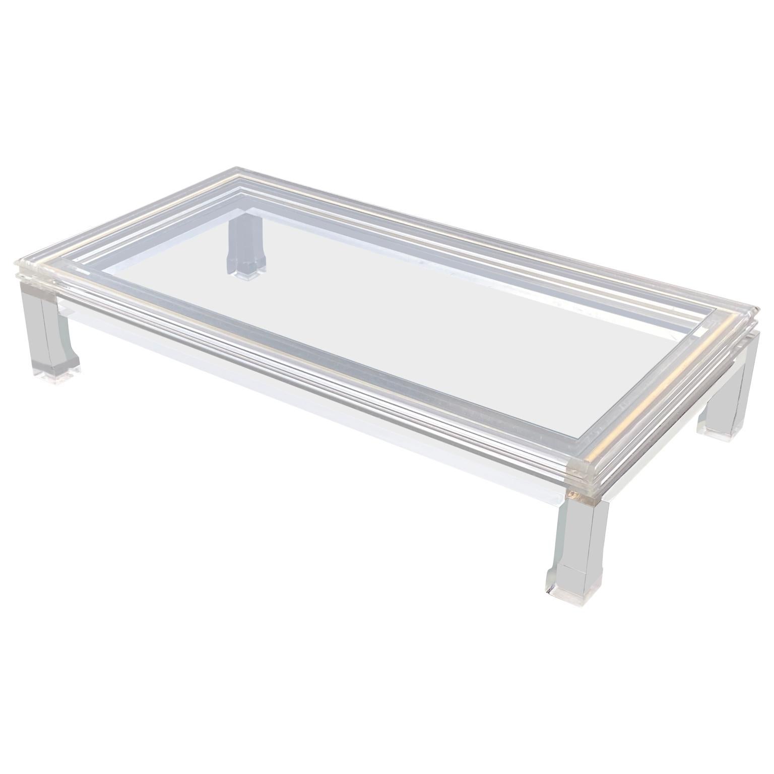 Large Italian Rectangular Lucite, Inlaid Brass Edge And Glass Cocktail Table For Sale 2