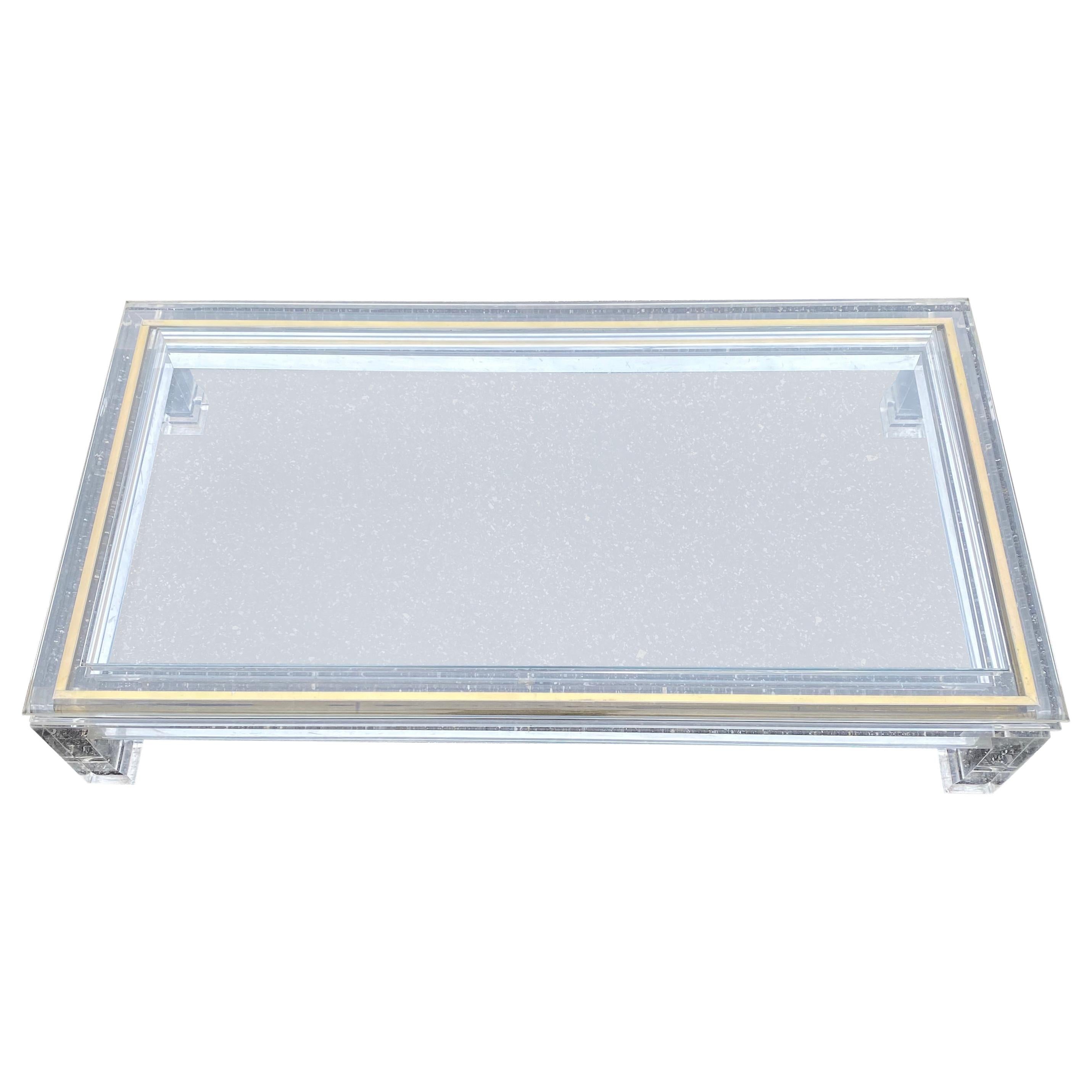 Large Italian Rectangular Lucite, Inlaid Brass Edge And Glass Cocktail Table For Sale