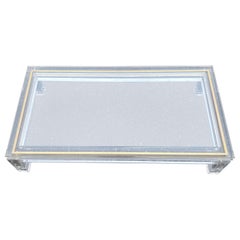 Large Italian Rectangular Lucite, Inlaid Brass Edge And Glass Cocktail Table