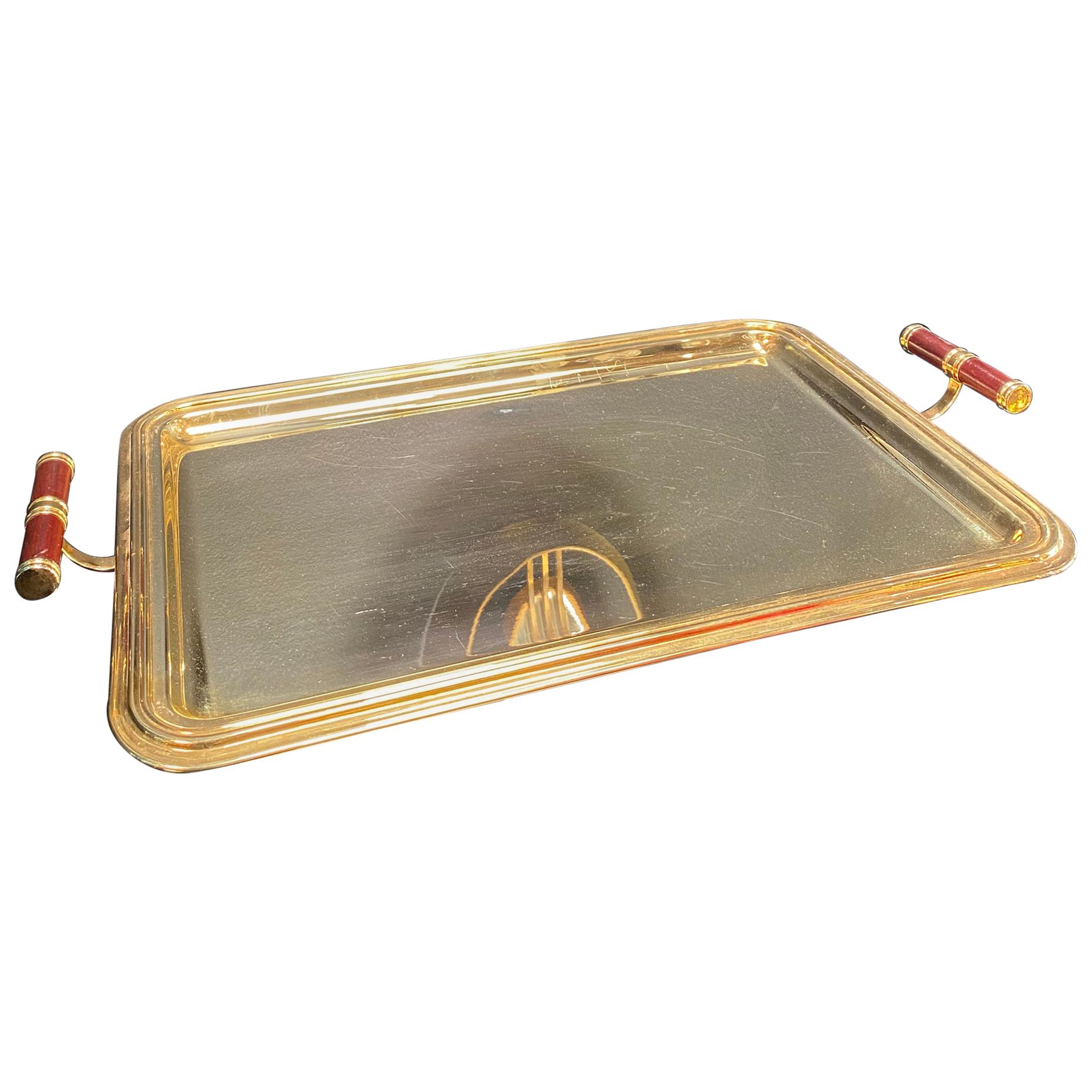 Large Italian Rectangular Tray Gold Plated 24-Karat, 1970s