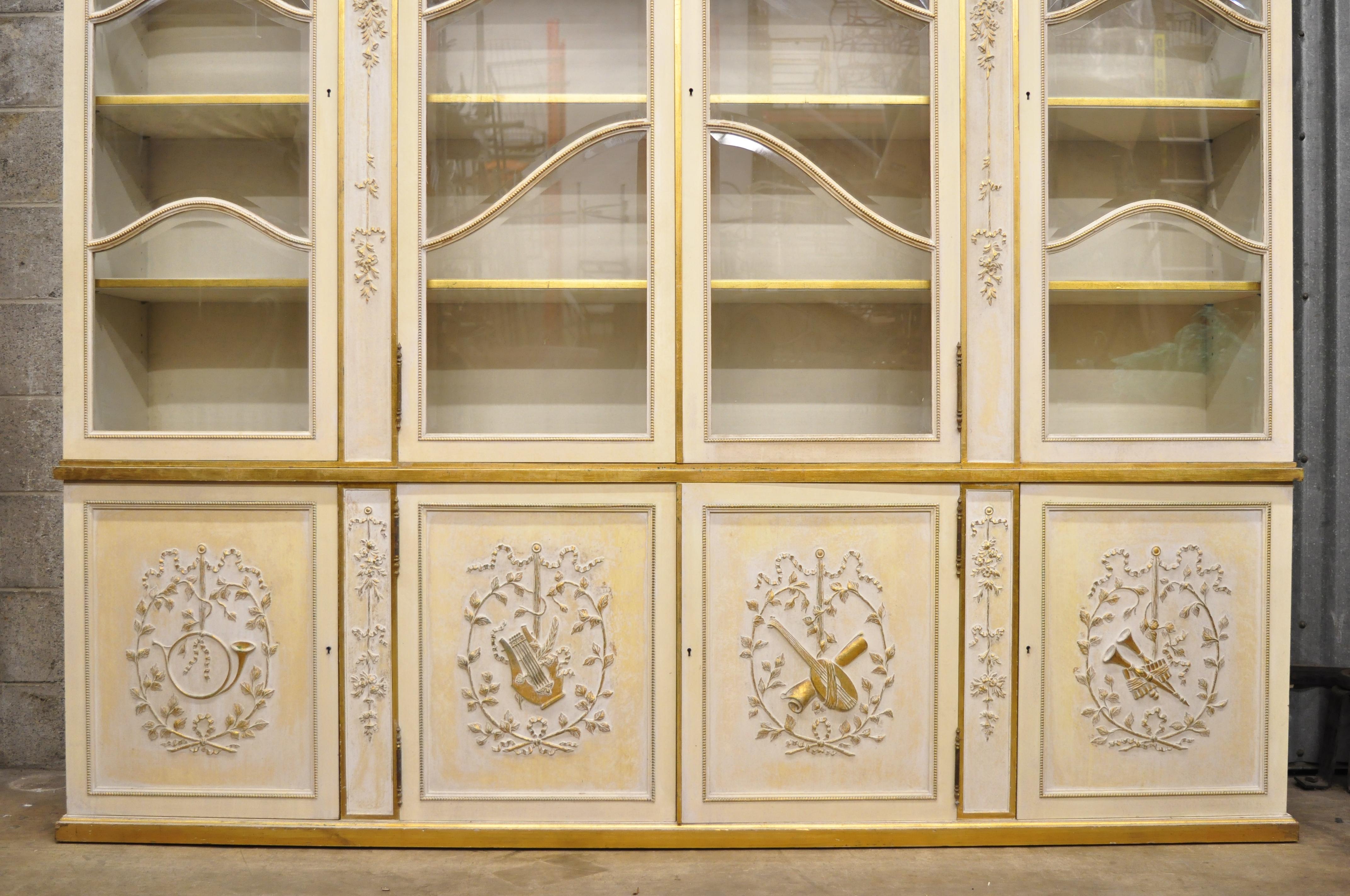 20th Century Large Italian Regency Cream and Gold Gilt Breakfront China Display Cabinet