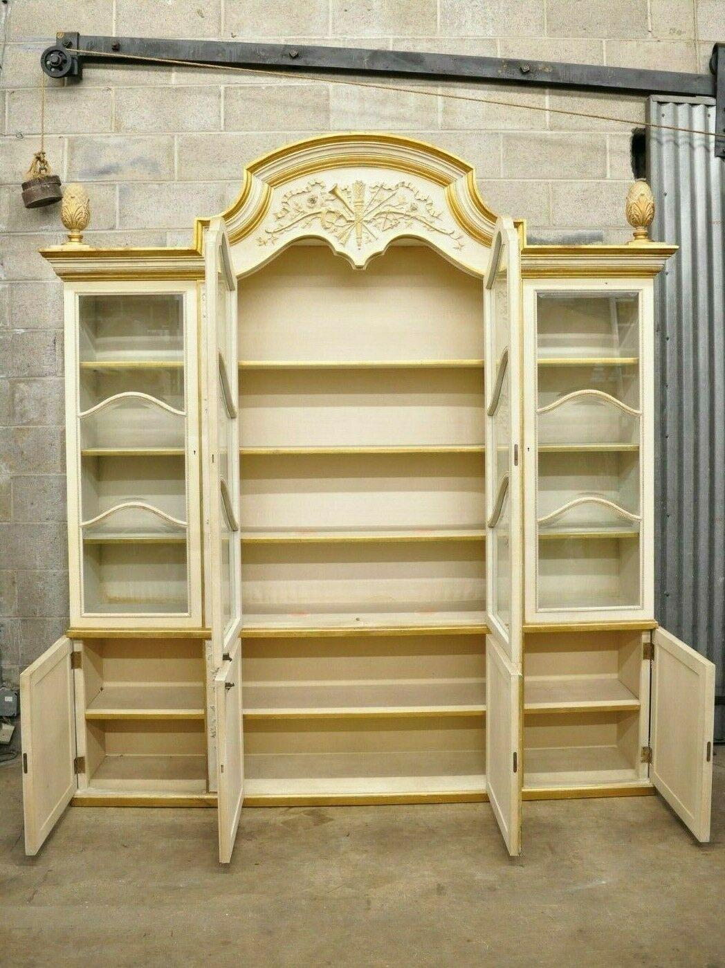 Large Italian Regency Cream and Gold Gilt Breakfront China Display Cabinet 1