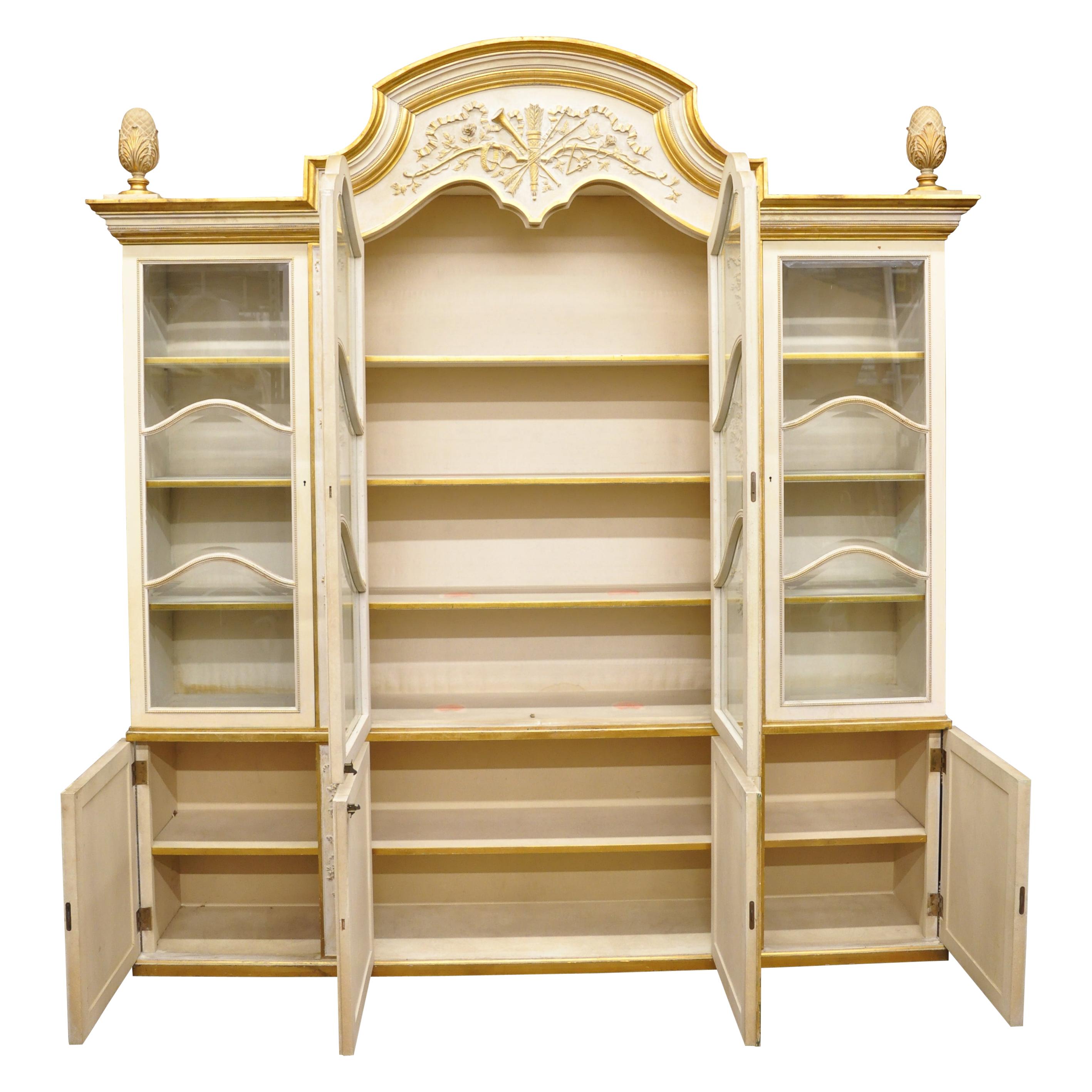 Large Italian Regency Cream and Gold Gilt Breakfront China Display Cabinet In Good Condition In Philadelphia, PA
