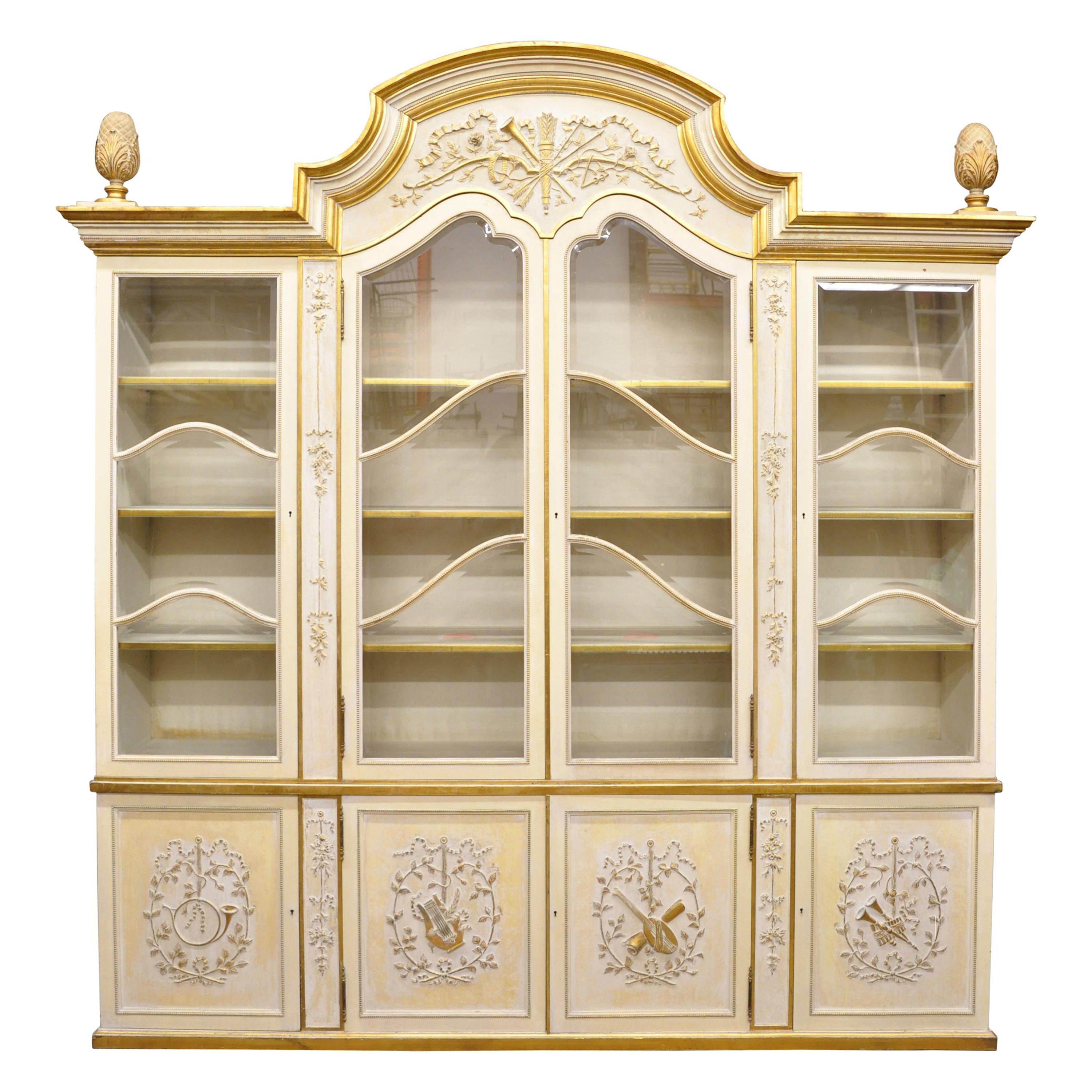 Large Italian Regency Cream and Gold Gilt Breakfront China Display Cabinet