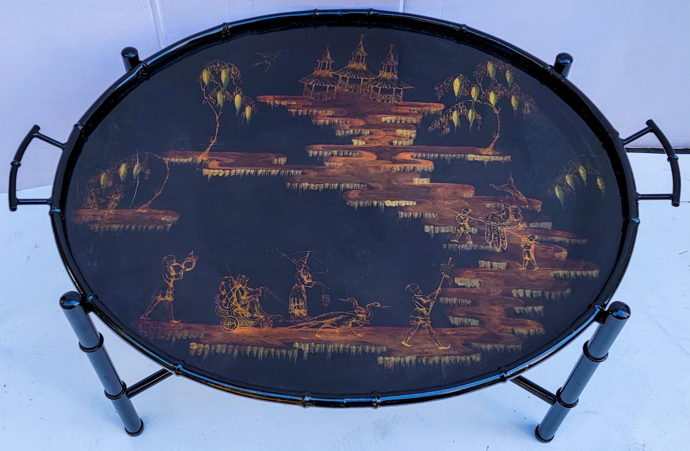 Late 20th Century Large Italian Regency Style Faux Bamboo Chinoiserie Tole Tray Coffee Table