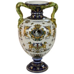 Large Italian Renaissance Style Faience Vase with Snake Handles by Gien