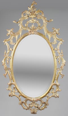 Large Italian Rococo-Style Carved Giltwood Oval Wall Mirror, Florentine, 20th Ce