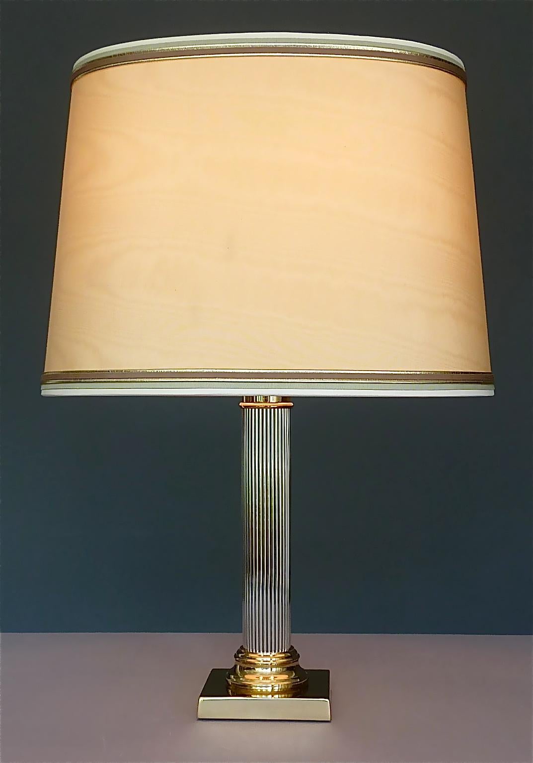 Hollywood Regency Large Italian Romeo Rega Jansen Style Column Table Lamp Gilt Brass Chrome, 1970s