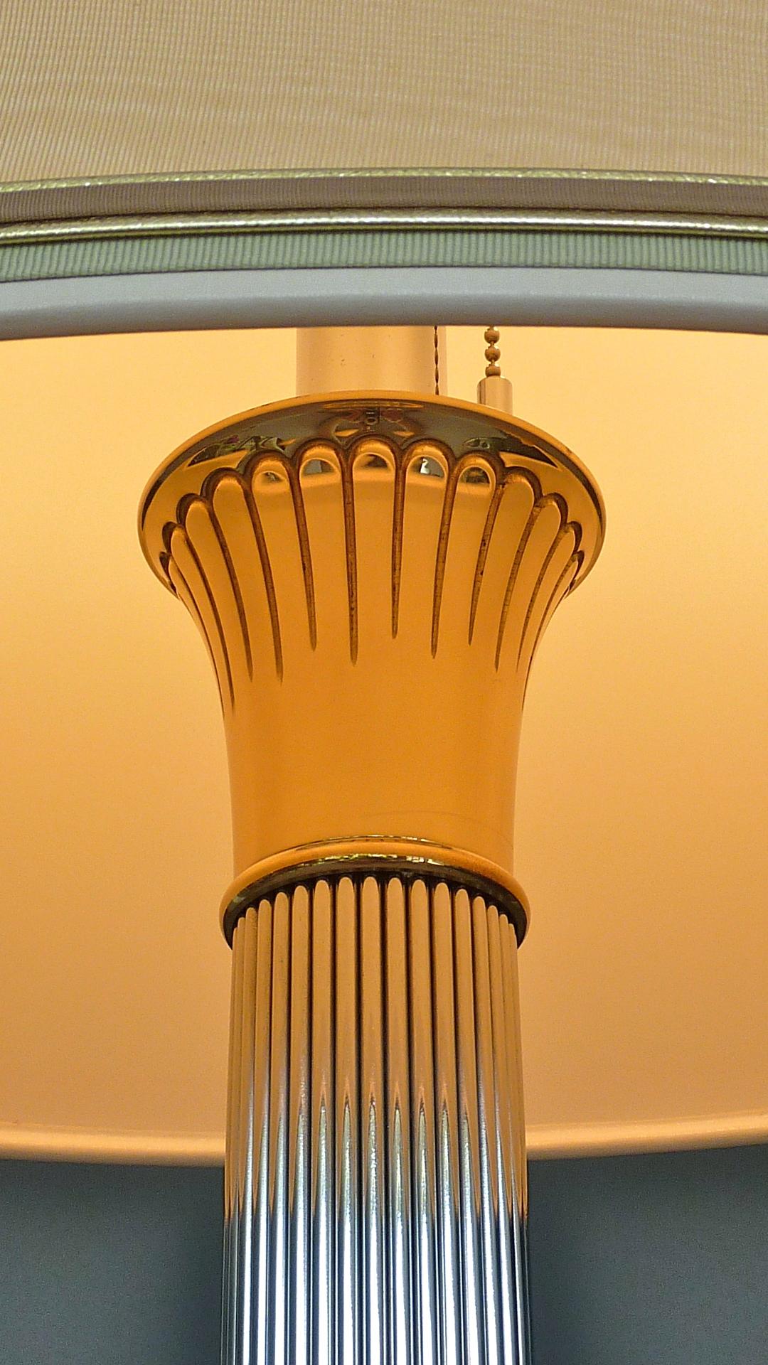 Fabric Large Italian Romeo Rega Jansen Style Column Table Lamp Gilt Brass Chrome, 1970s