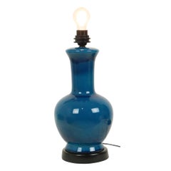 Large Italian Round Blue Ceramic Lamp Crackle Glaze 45cm