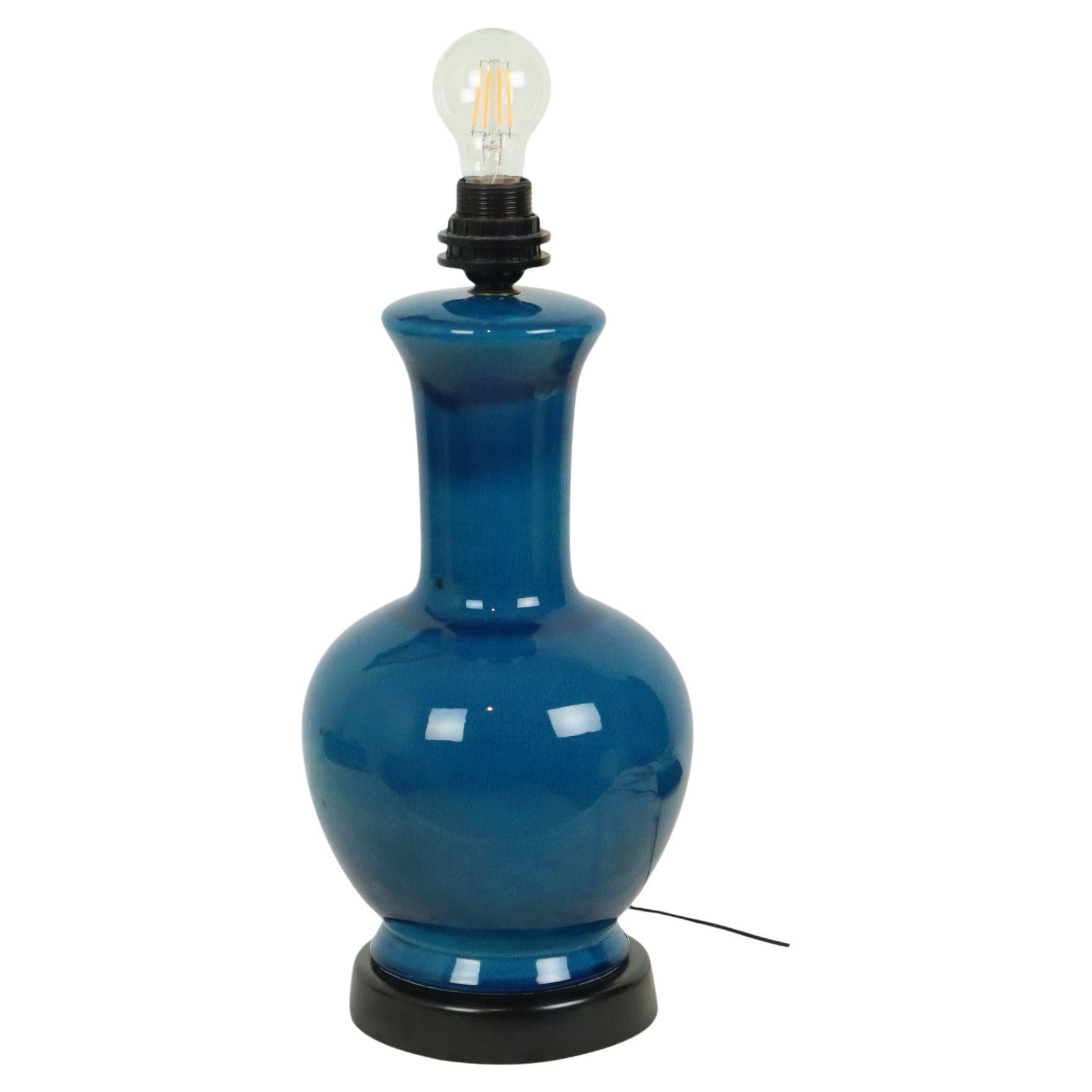 Large Italian Round Blue Ceramic Lamp Crackle Glaze 45cm For Sale
