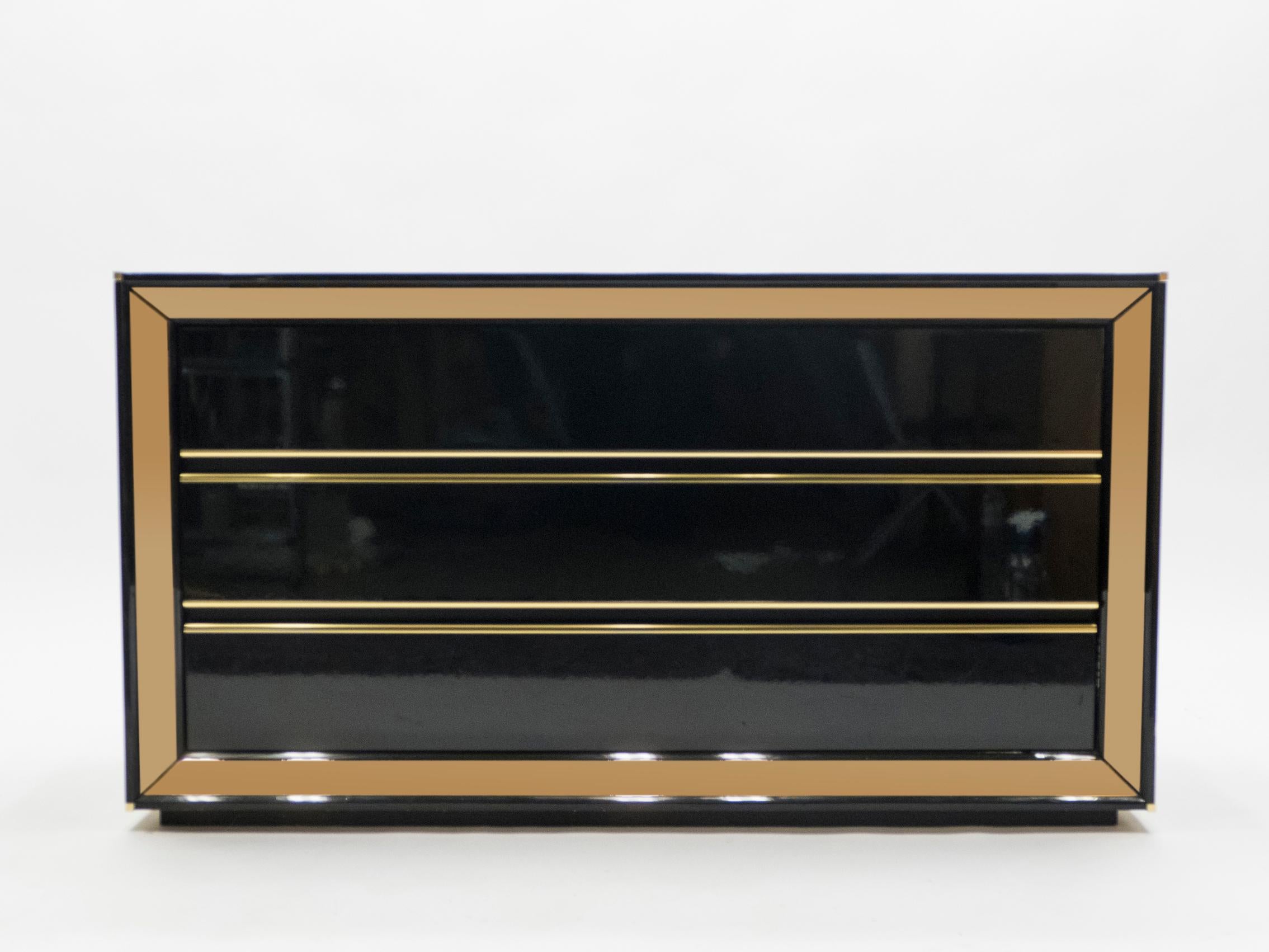 Hollywood Regency Large Italian Sandro Petti Black Lacquered Brass Mirrored Chest of Drawers 1970s