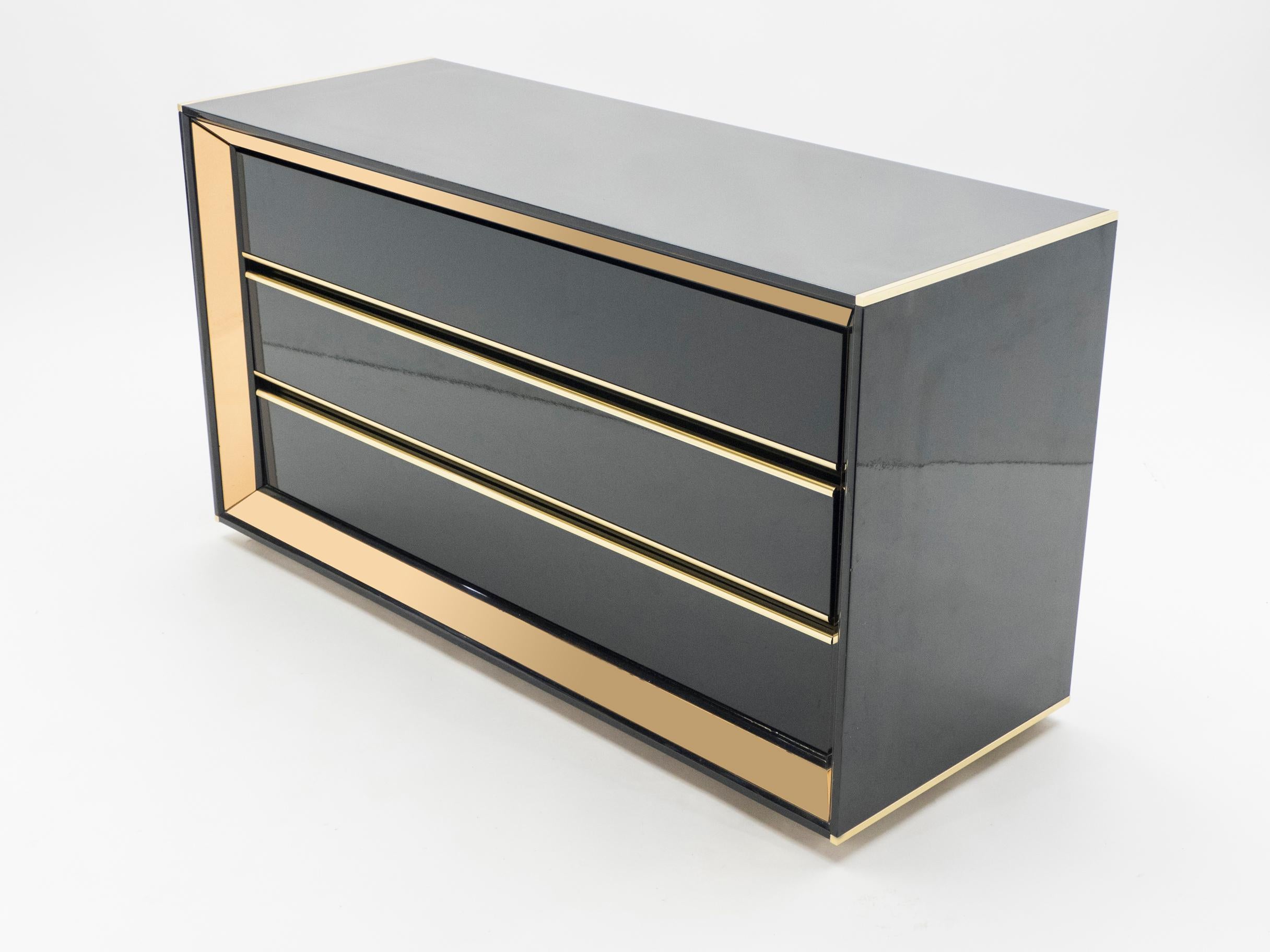 Late 20th Century Large Italian Sandro Petti Black Lacquered Brass Mirrored Chest of Drawers 1970s