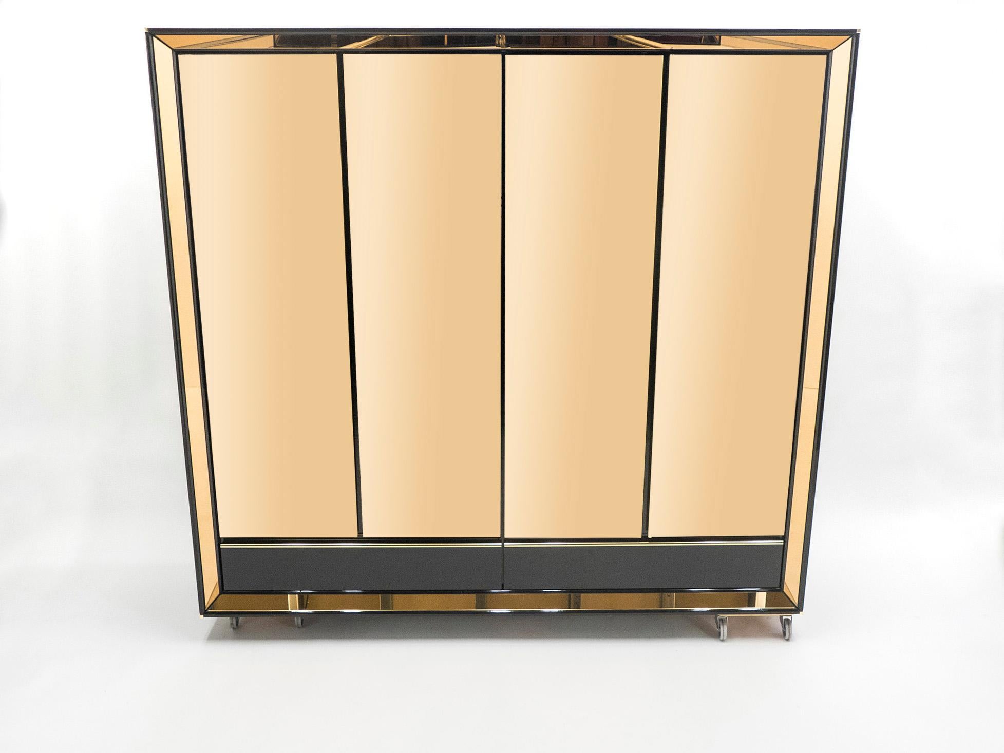 Hollywood Regency Large Italian Sandro Petti Black Lacquered Brass Mirrored Wardrobe Cabinet 1970s