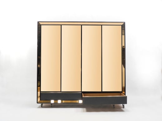Large Italian Sandro Petti Black Lacquered Brass Mirrored Wardrobe