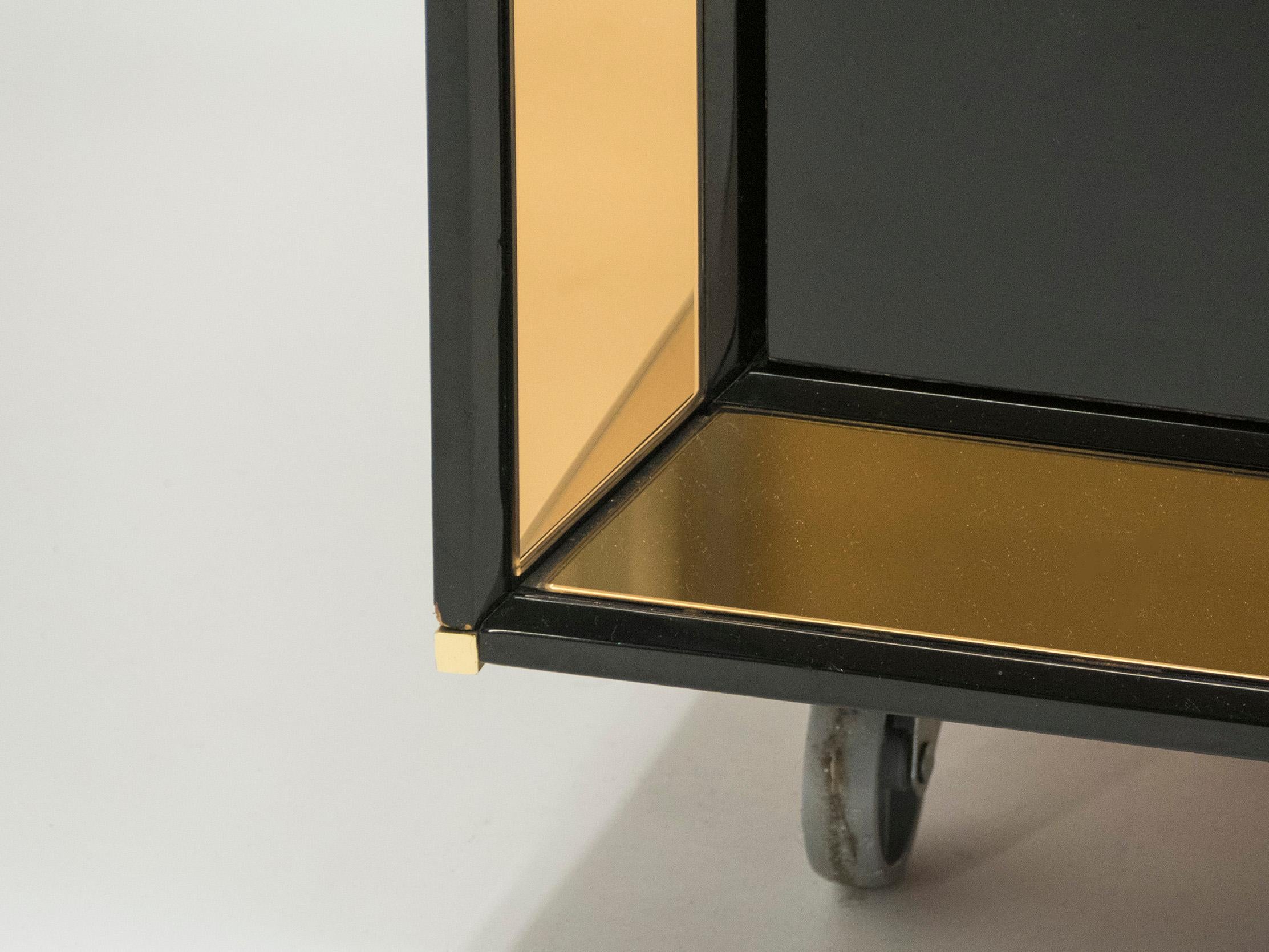 Large Italian Sandro Petti Black Lacquered Brass Mirrored Wardrobe Cabinet 1970s 3