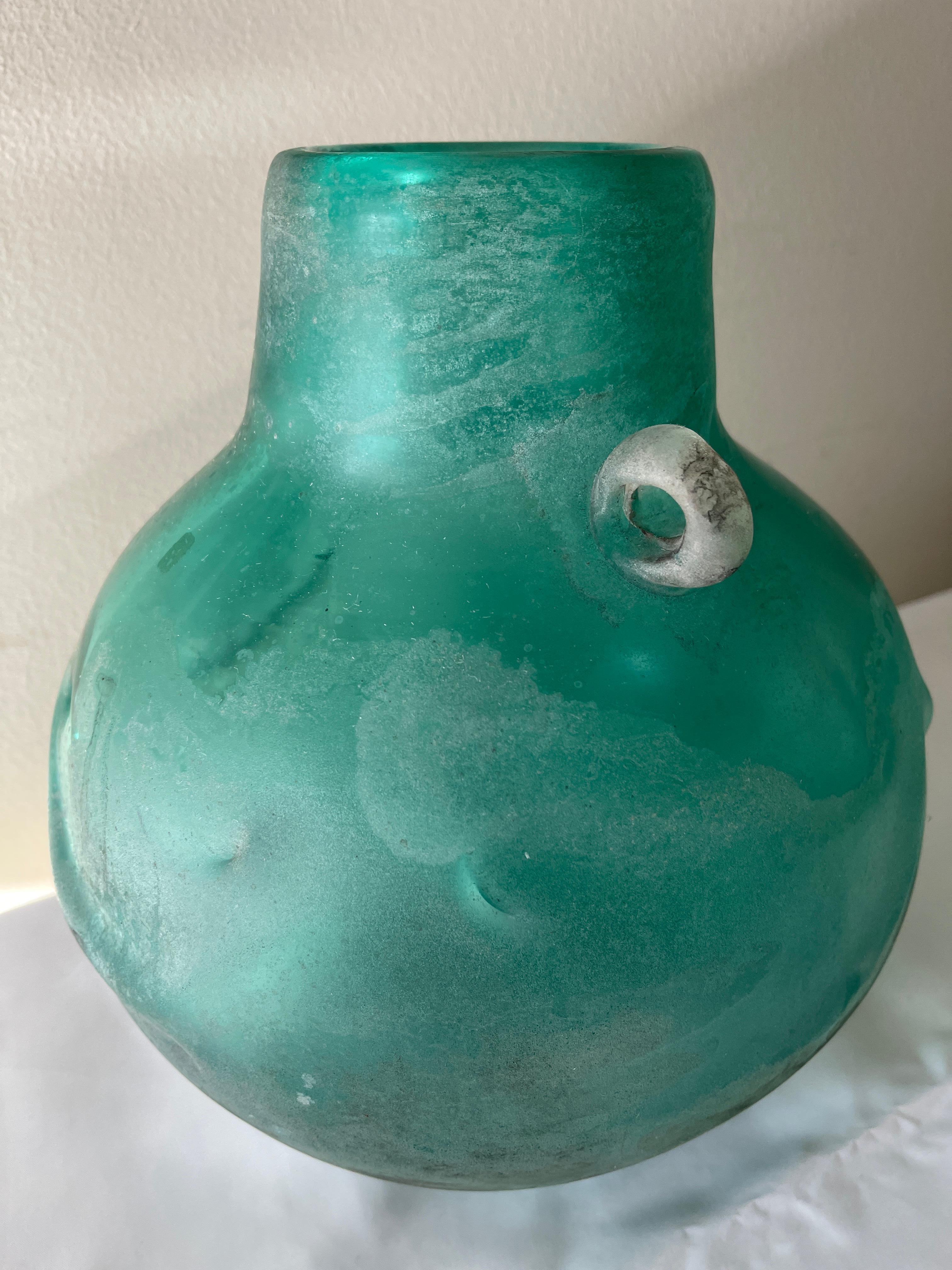 Classical Roman Large Italian Scavo Corroso Aquamarine Glass Urn Vase For Sale