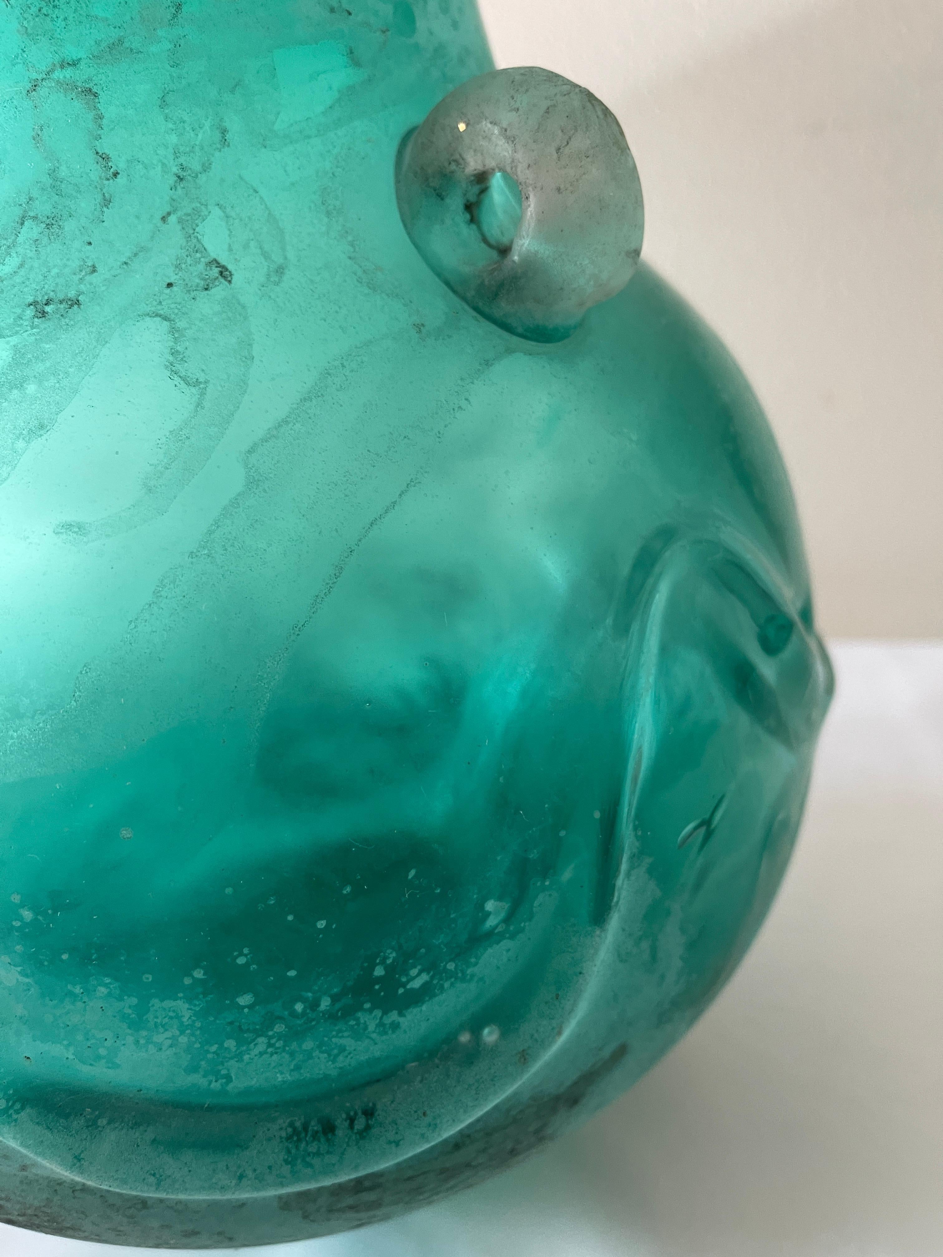 20th Century Large Italian Scavo Corroso Aquamarine Glass Urn Vase For Sale