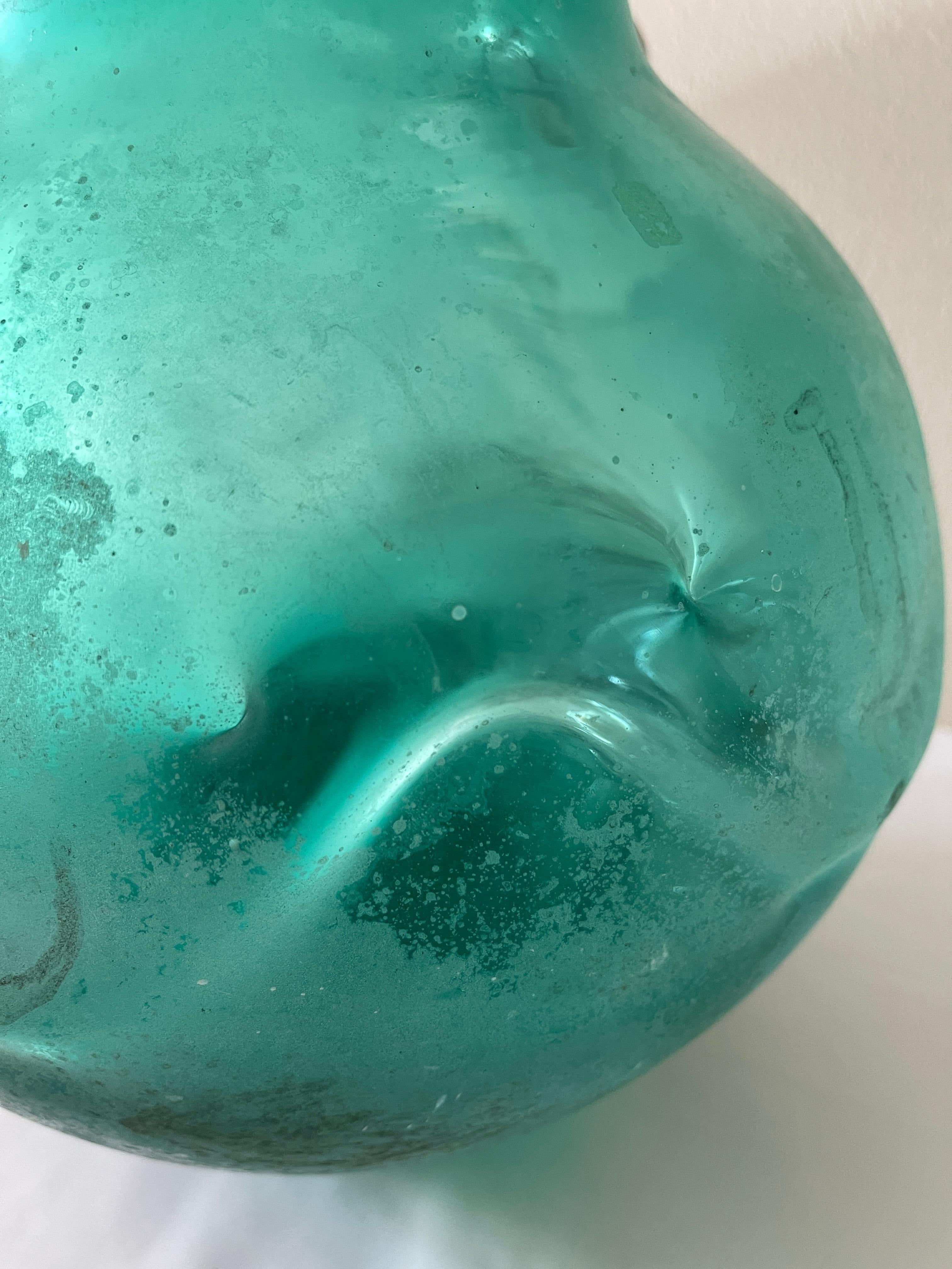 Blown Glass Large Italian Scavo Corroso Aquamarine Glass Urn Vase For Sale