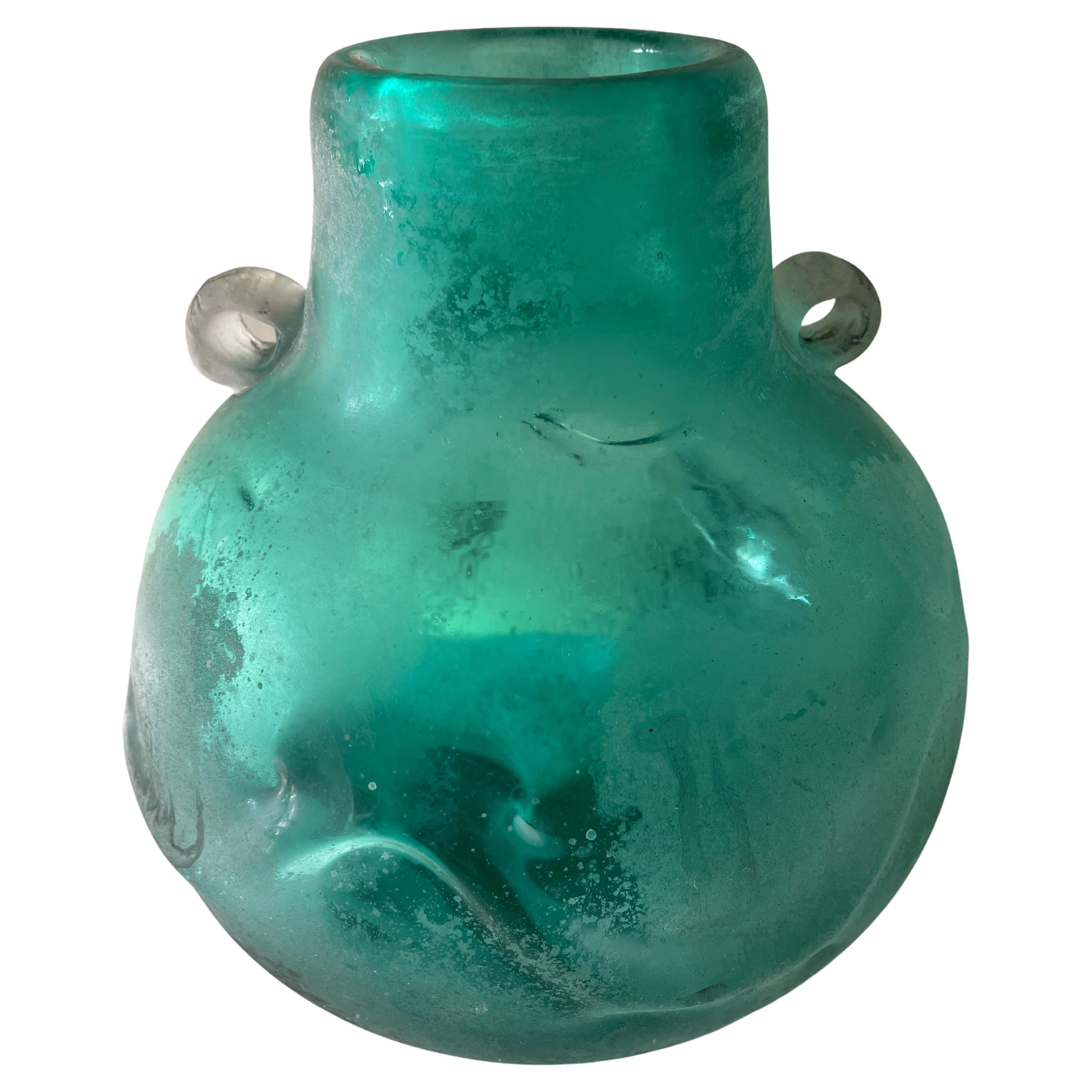 Large Italian Scavo Corroso Aquamarine Glass Urn Vase For Sale