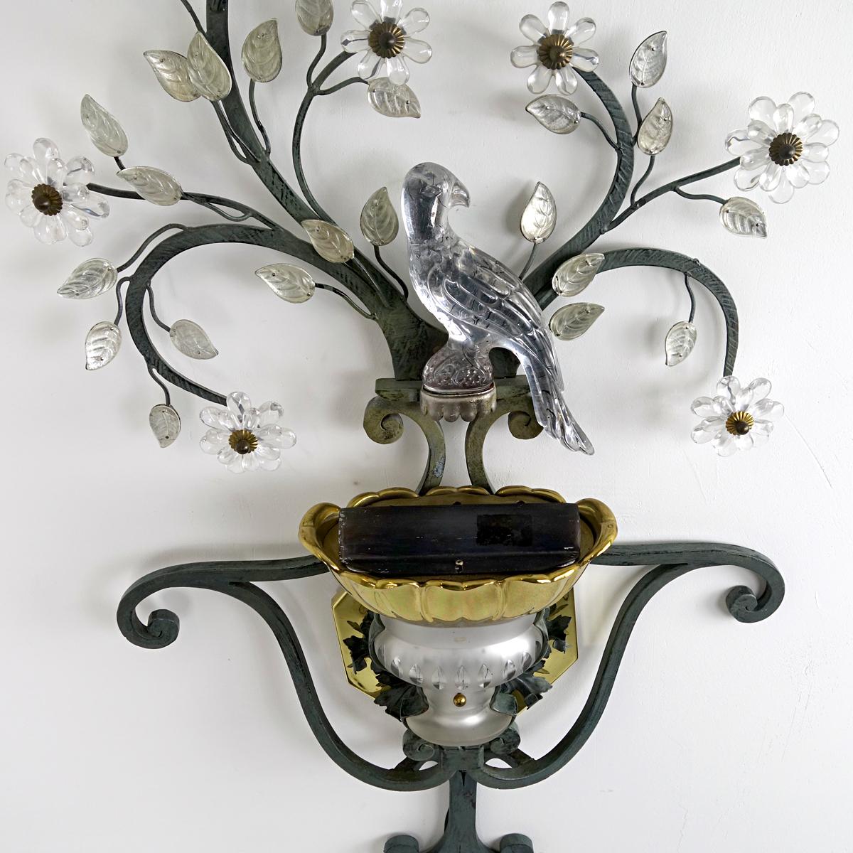 Art Deco Large Italian Sconce with Crystal Bird, Flowers and Leaves by Banci Firenze