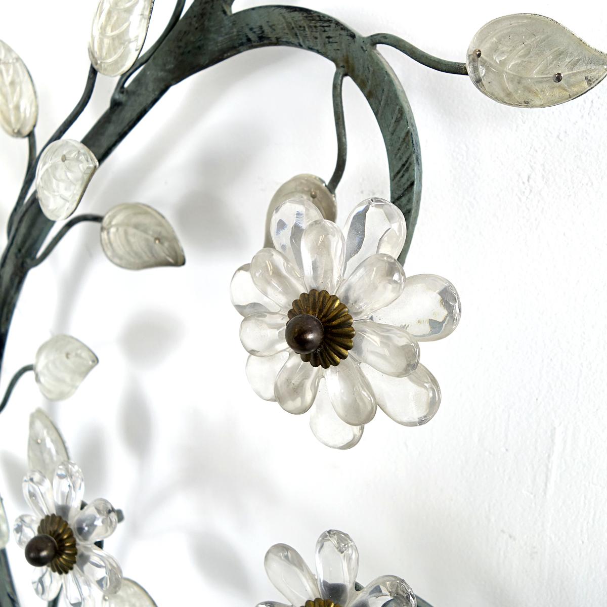 Mid-20th Century Large Italian Sconce with Crystal Bird, Flowers and Leaves by Banci Firenze