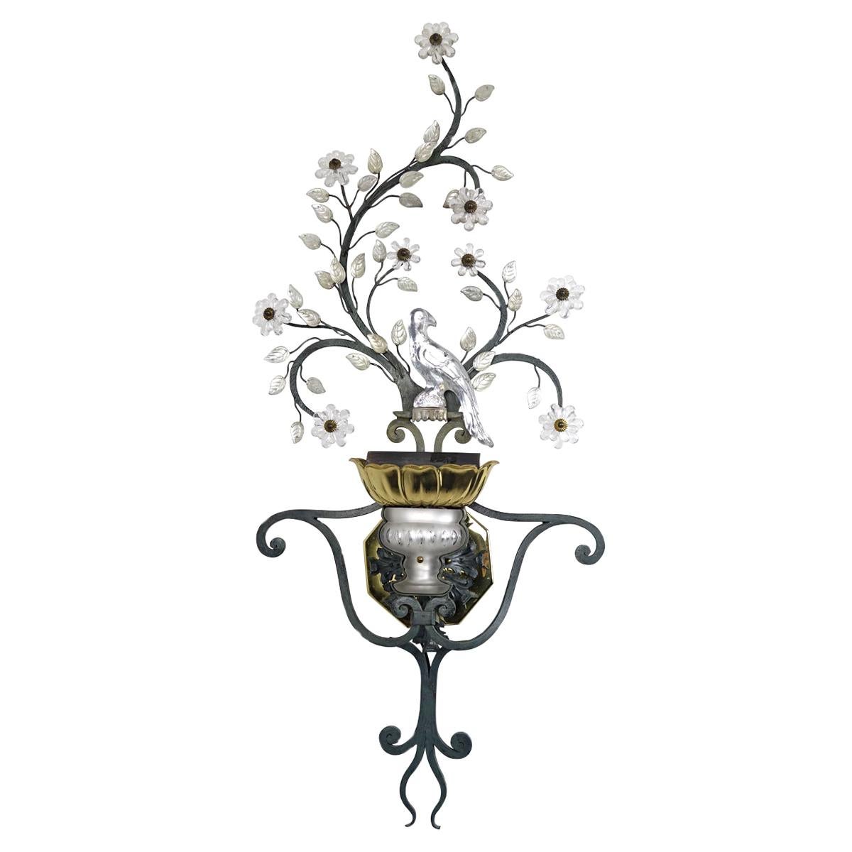 Large Italian Sconce with Crystal Bird, Flowers and Leaves by Banci Firenze