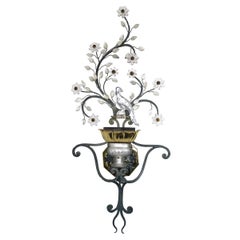 Vintage Large Italian Sconce with Crystal Bird, Flowers and Leaves by Banci Firenze