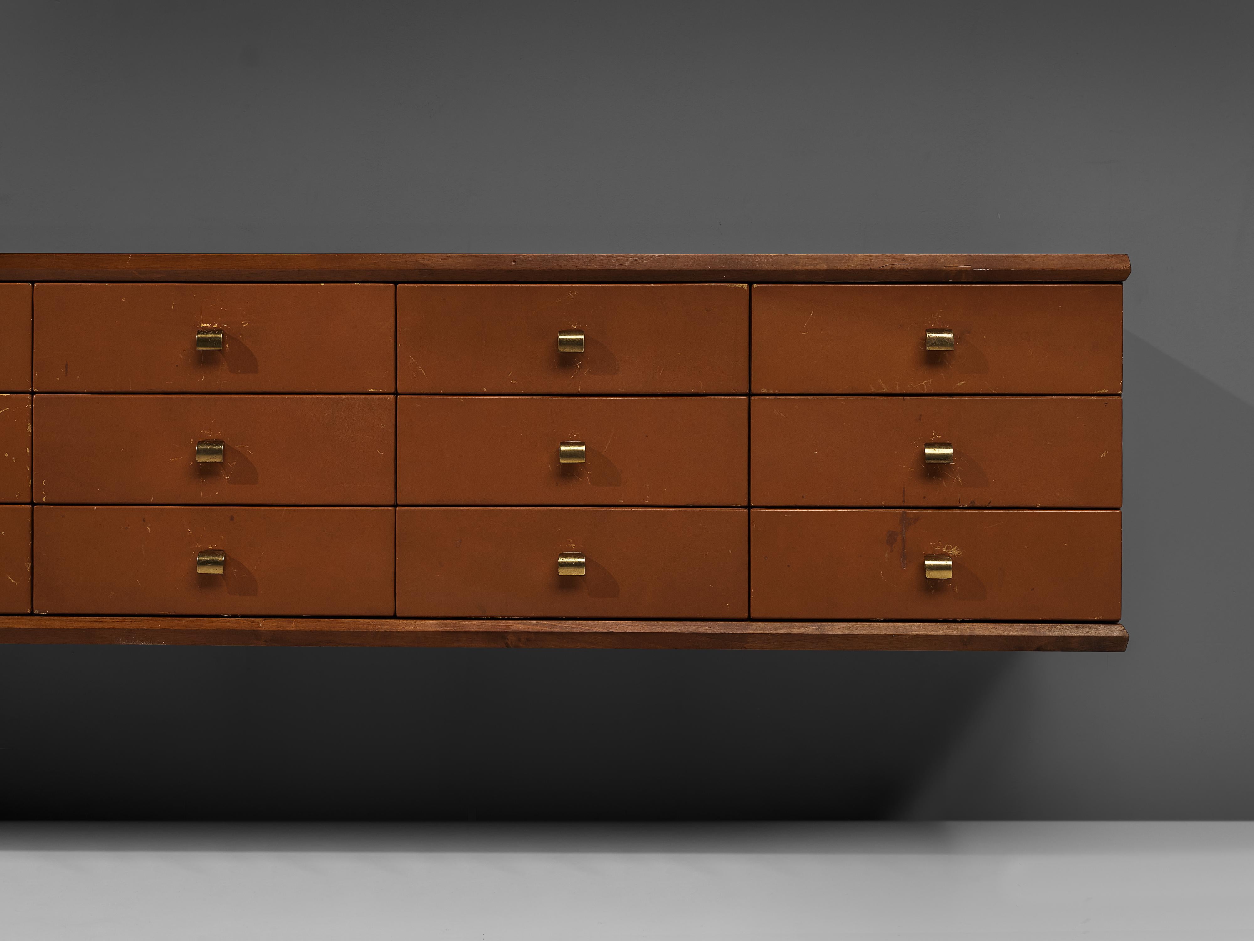 Mid-Century Modern Large Italian Sideboard in Walnut with Leather and Brass