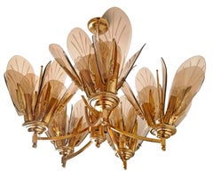 Large Italian Smoked Amber Glass Flowers in Fontana Art Style 15Light Chandelier