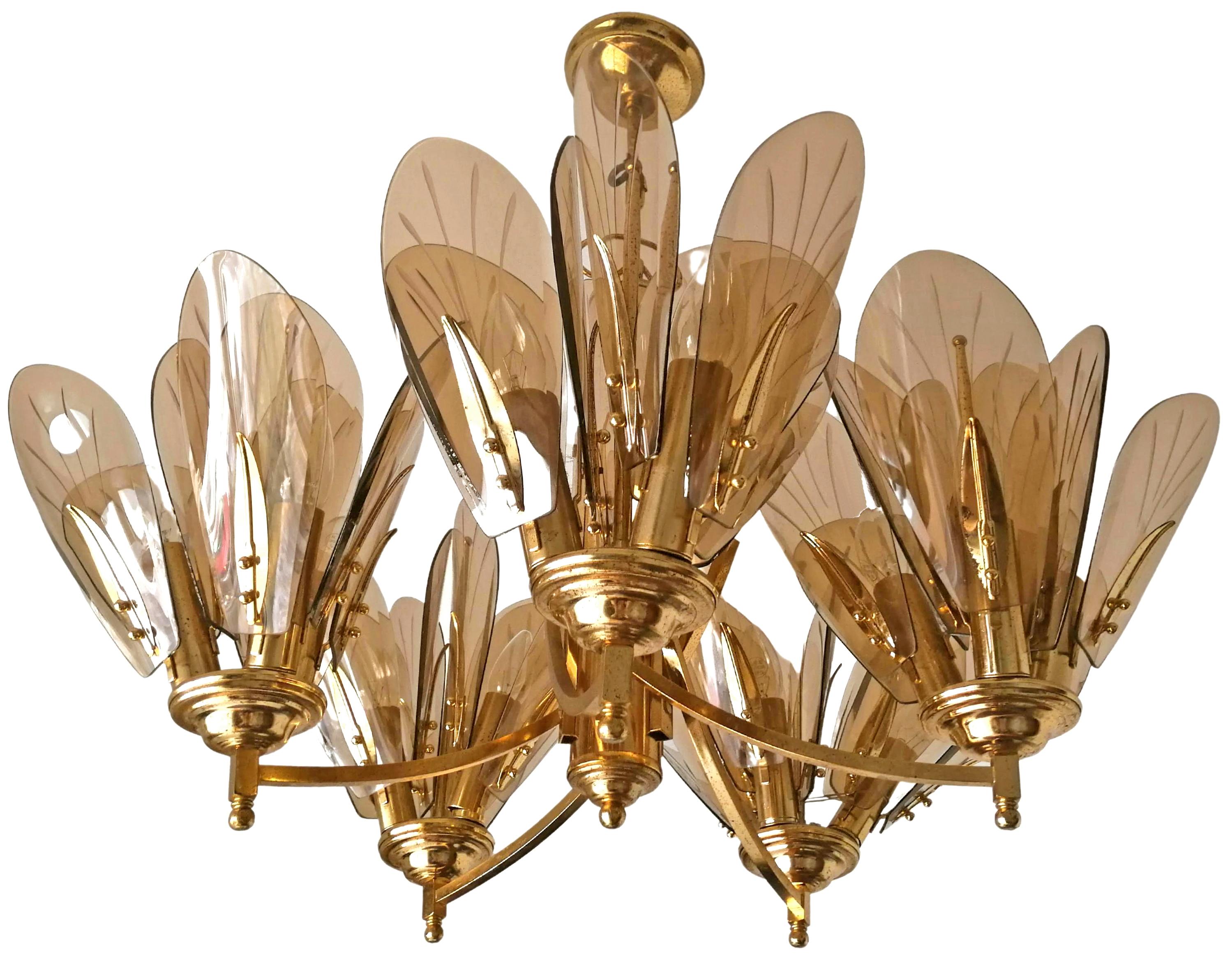 Mid-Century Modern Large Italian Smoked Amber Glass Flowers in Fontana Art Style 15Light Chandelier For Sale