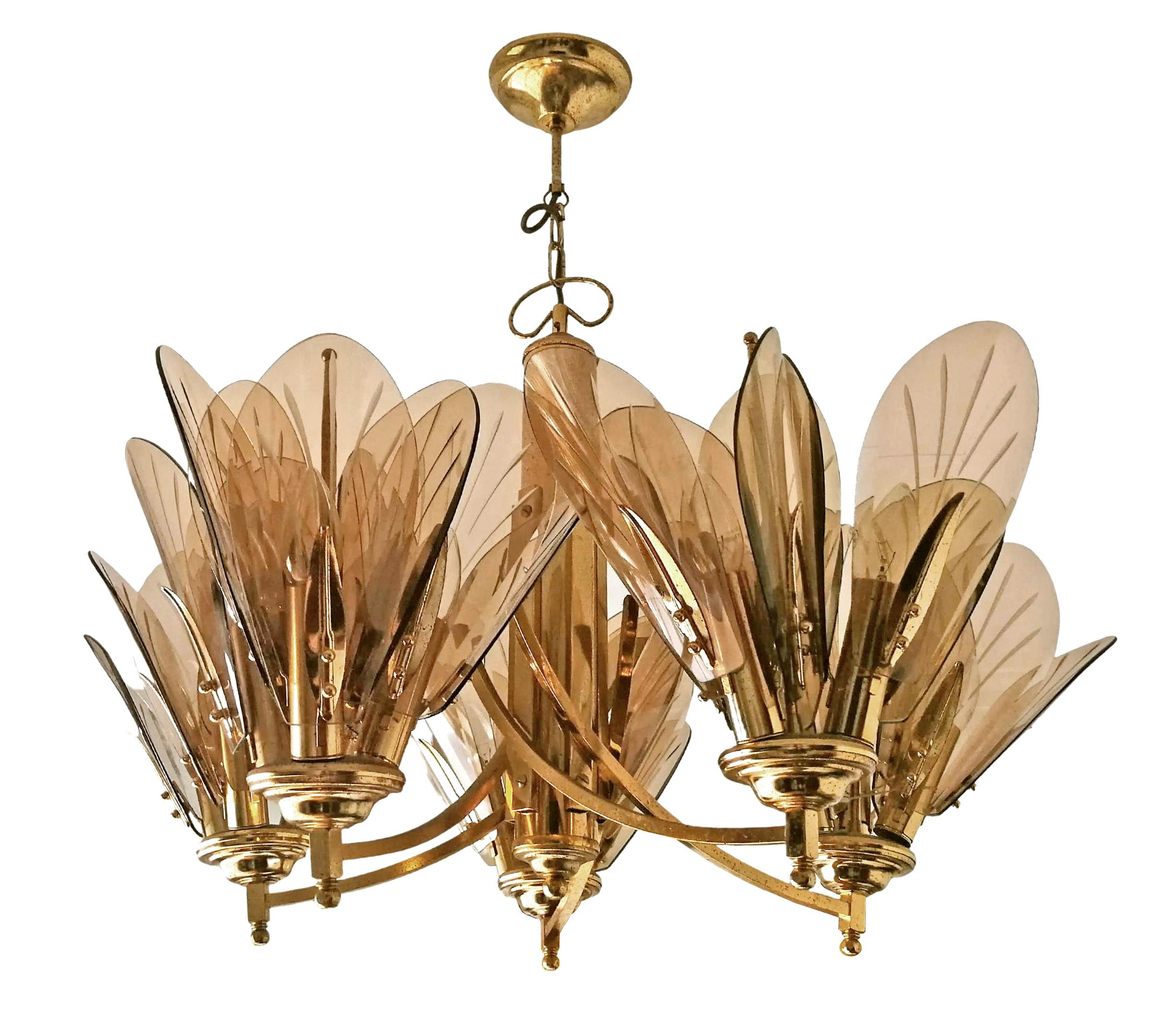 Gilt Large Italian Smoked Amber Glass Flowers in Fontana Art Style 15Light Chandelier For Sale